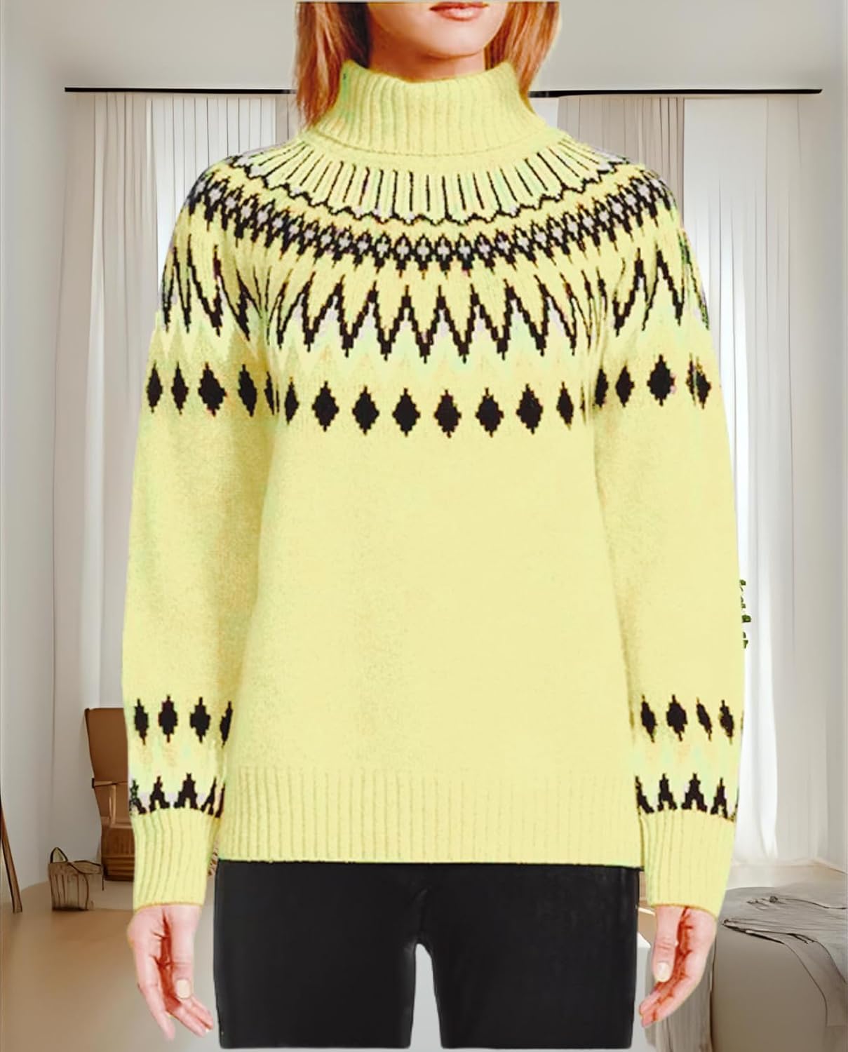 Women's Geometric Print Turtleneck Sweater Winter Warm Long Sleeve Casual Top for Vacation and Daily Wear - Image 2