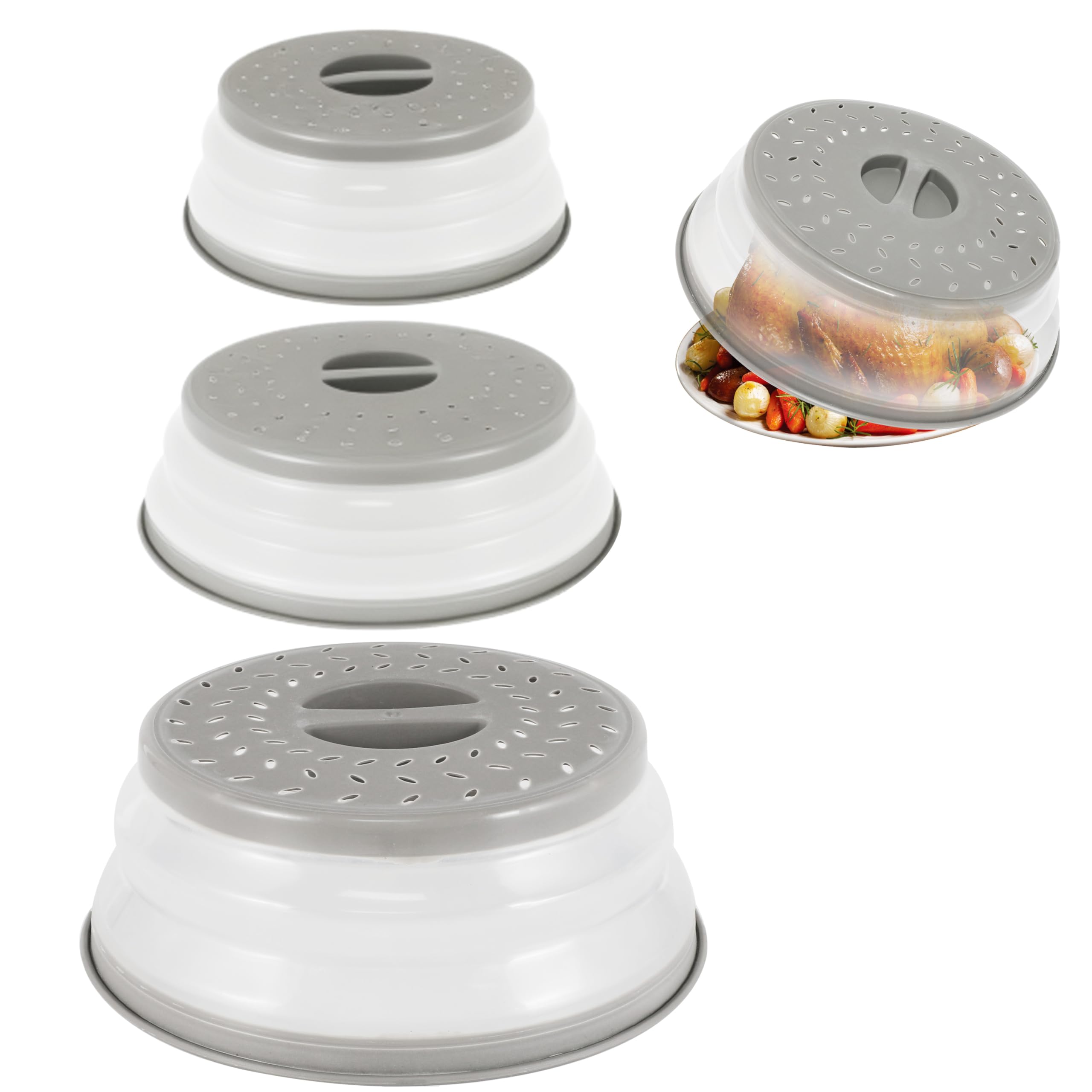 3 Pack zusammenklappbare Mikrowelle Lebensmittelabdeckungen, Splatter Guard, entlüftete Mikrowellendeckel für Lebensmittel, BPA frei TPR, Geschirrspüler sicher, Grau, groß, mittel, klein