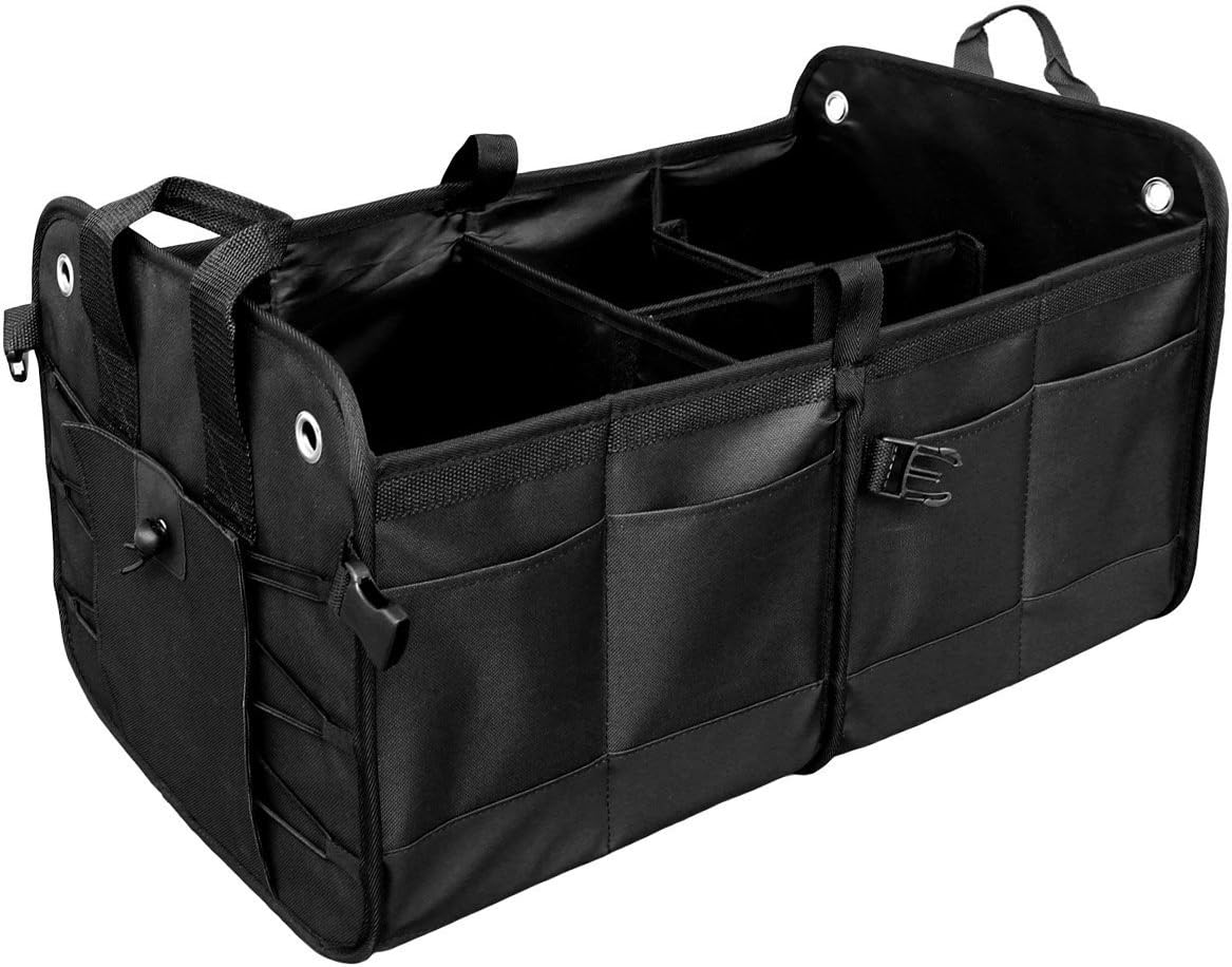 Car Organizer with Rope Handles,Compartment Board Great Non-Slip Secure Tote Is Foldable for Home,Car, SUV, Truck(Black)