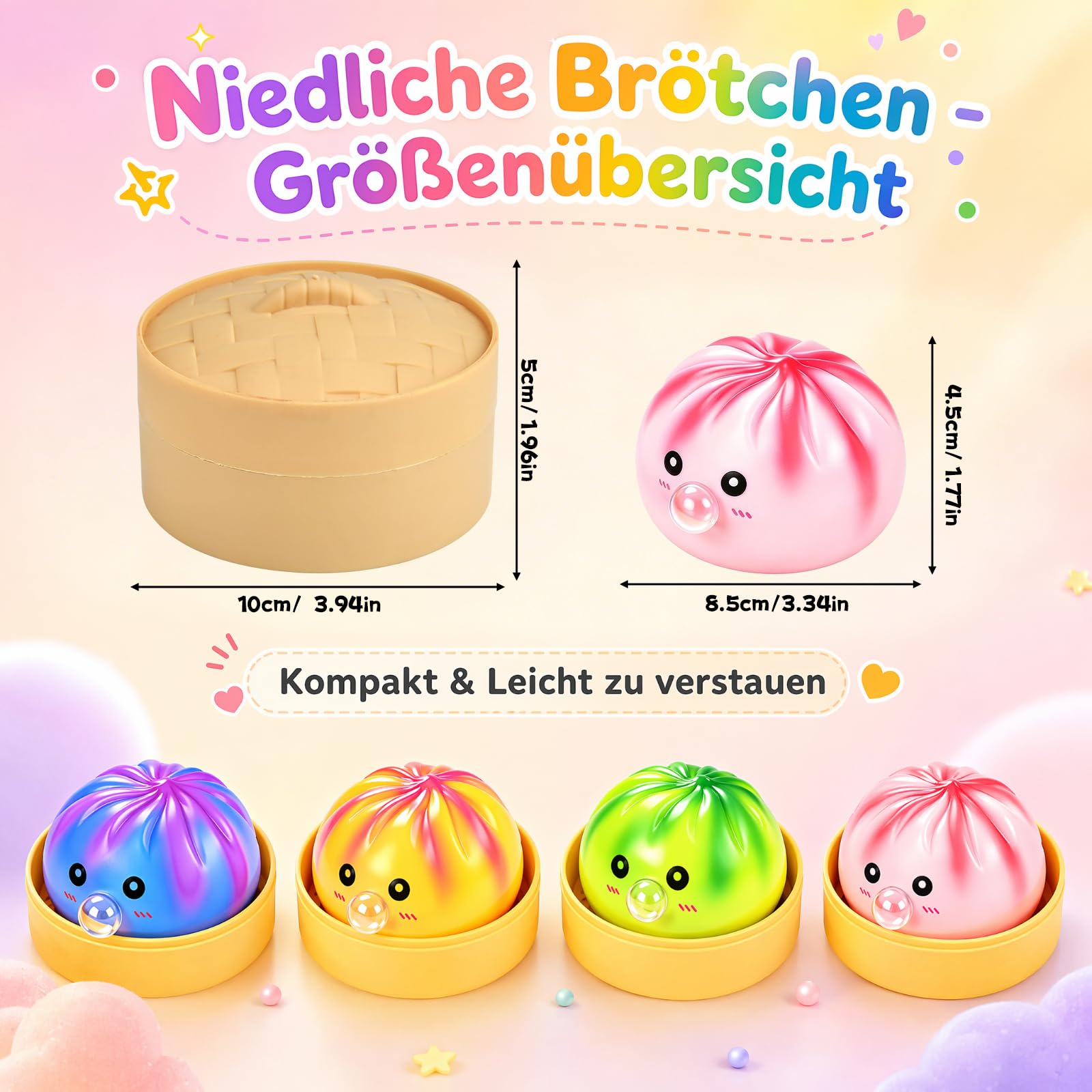 4 Stück Dumpling Squishy, Squishy Dumpling, Weiches Squeeze Stressball Fidget Toys, Mystery Squi-Shy Bun with Steamer Box Decompression Dough für Kinder Erwachsene Büro