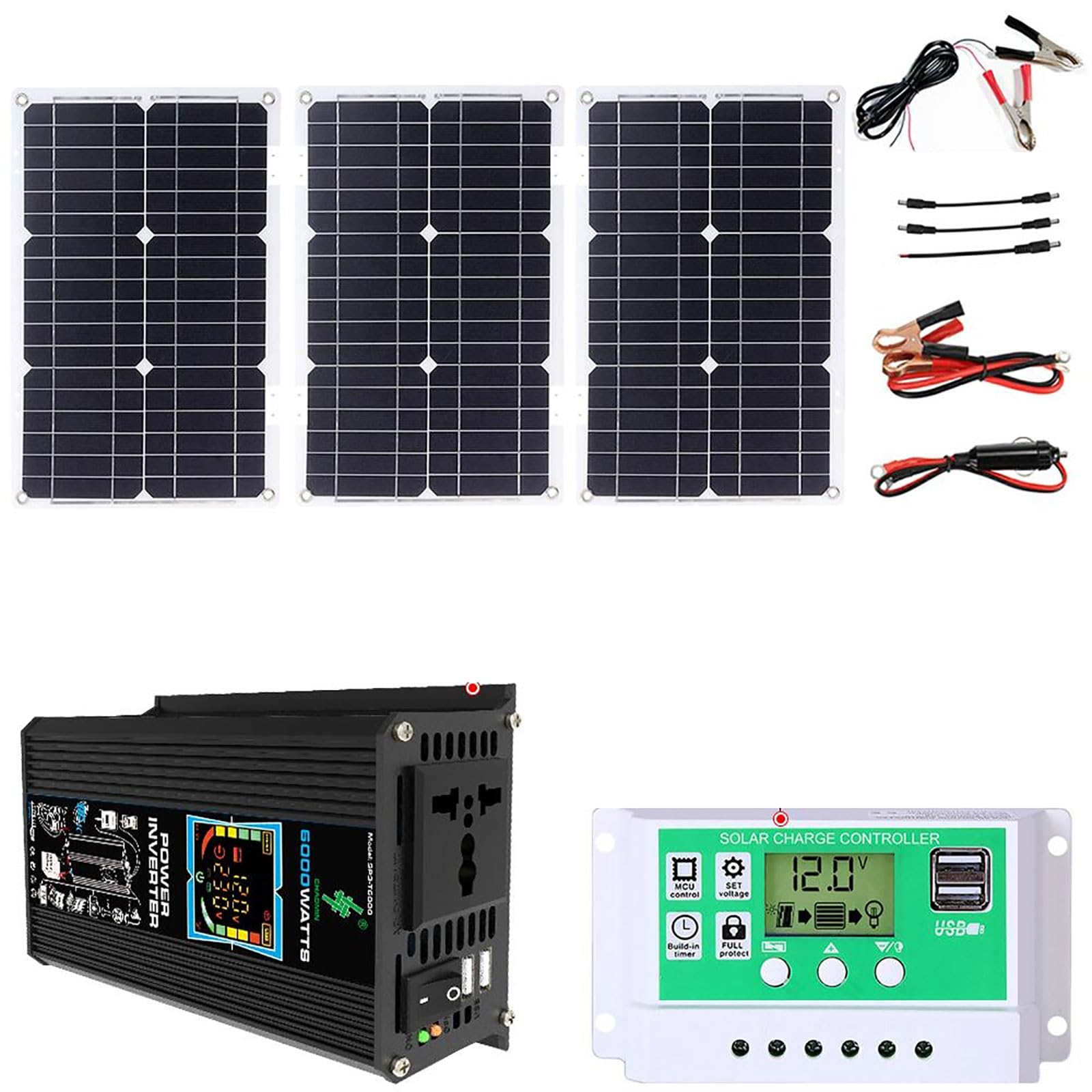 Zestaw paneli słonecznych 6000 W Off-Grid z wodoodpornym panelem 75 W i kontrolerem 50 A do użytku na kempingu, w kamperze i na zewnątrz(Black)