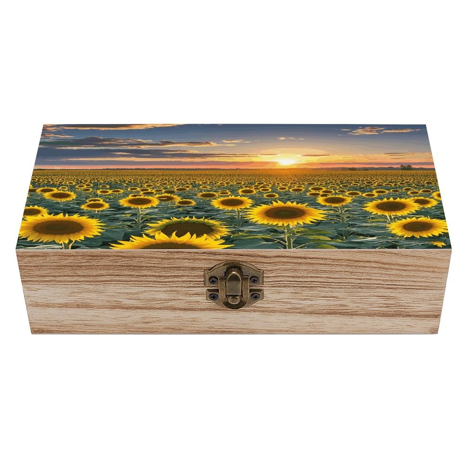 VstaDank Dreamlike Sunset Of A Sunflower Field Wooden Storage Box Decorative Jewelry Case with Lids Exquisite Wood Box Letters Gifts Acacia Wood Boxes Fashion Wooden Keepsake Boxes for Men Women