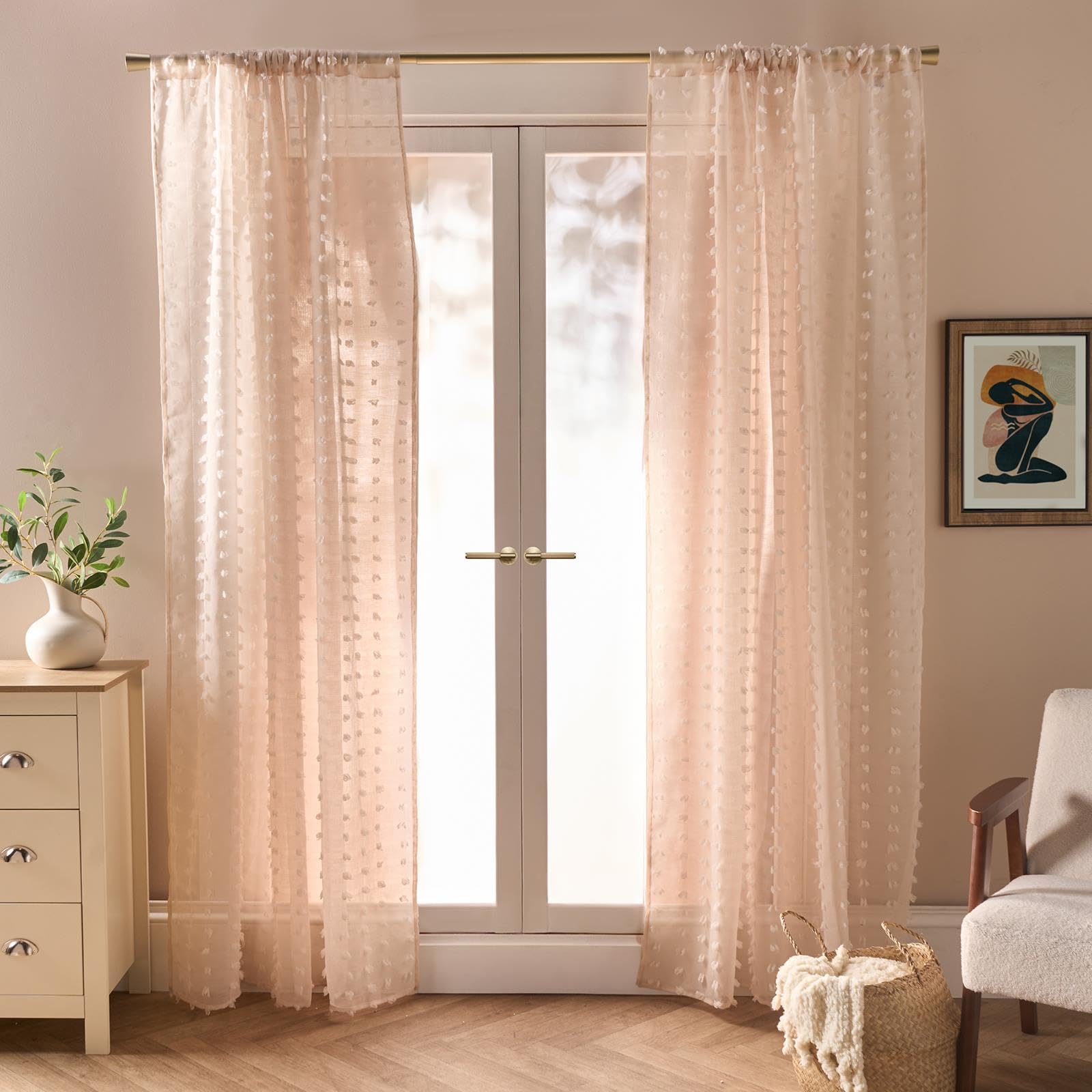 Ohs Natural Voile Curtains, 87 Drop 2 Panels Net Curtain For Windows Pompom Tufted Decorative Transparent Slot Top Design Sheer Curtains For Living Room Bedroom 55" X 87",