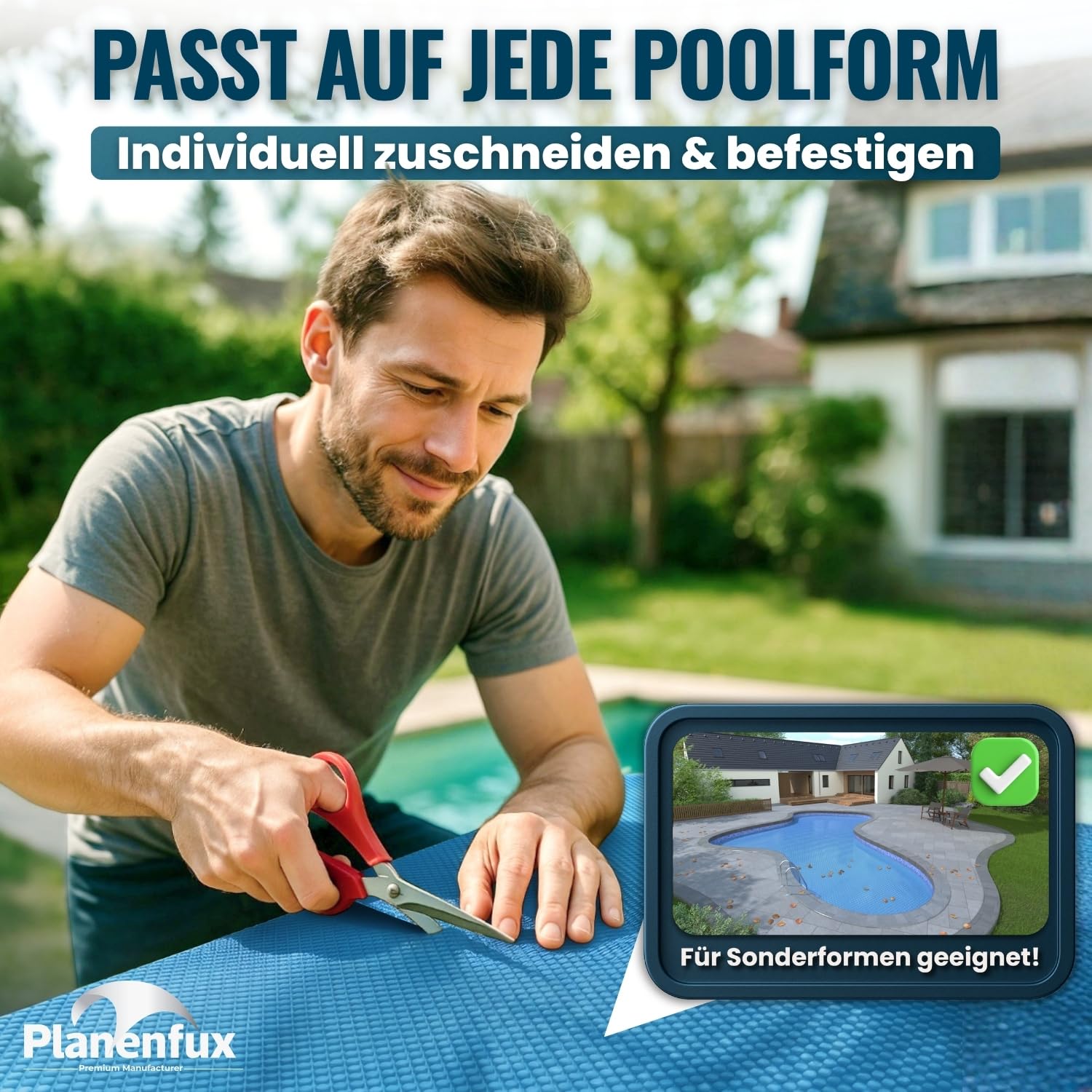 Planenfux® 400µm Solarplane Pool Rund 366cm inkl. Befestigung | UV, Chlor- & Salzwasser-Resistente Pool Solarfolie | Solarabdeckung | Individuell zuschneidbare Solarabdeckung zum Poolwasser erwärmen