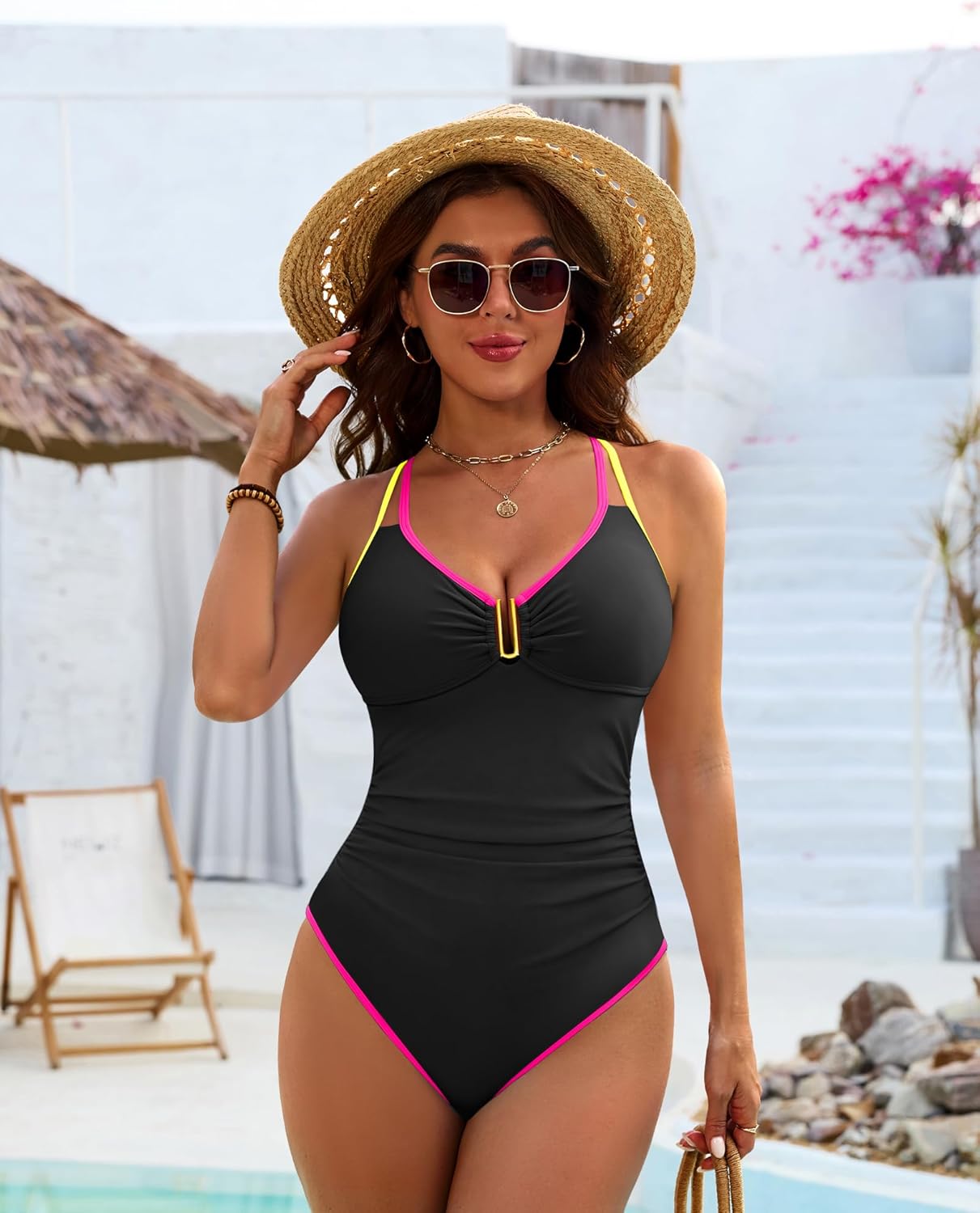Womens Slimming Tummy Control Swimsuit Ruched One Piece Bathing Suit Sexy V Neck U Wire Swimwear