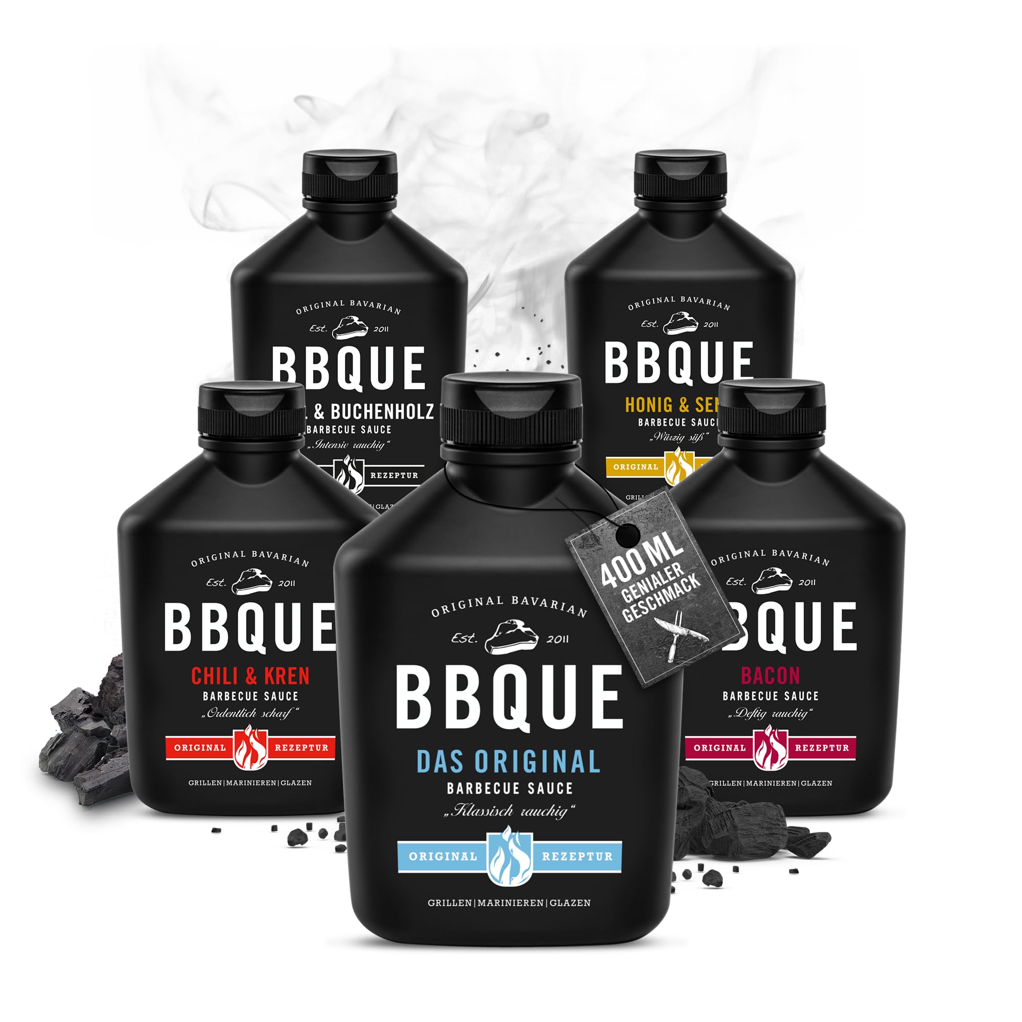 BBQUE – BBQ-Saucen Set "Furious 5" Squeeze-Flaschen 5x400 ml – Barbecuesaucen Bundle (Original, Grill & Buchenholz, Chili & Kren, Bacon, Honig & Senf) – Ideal zum Grillen, für Marinaden & als Dip