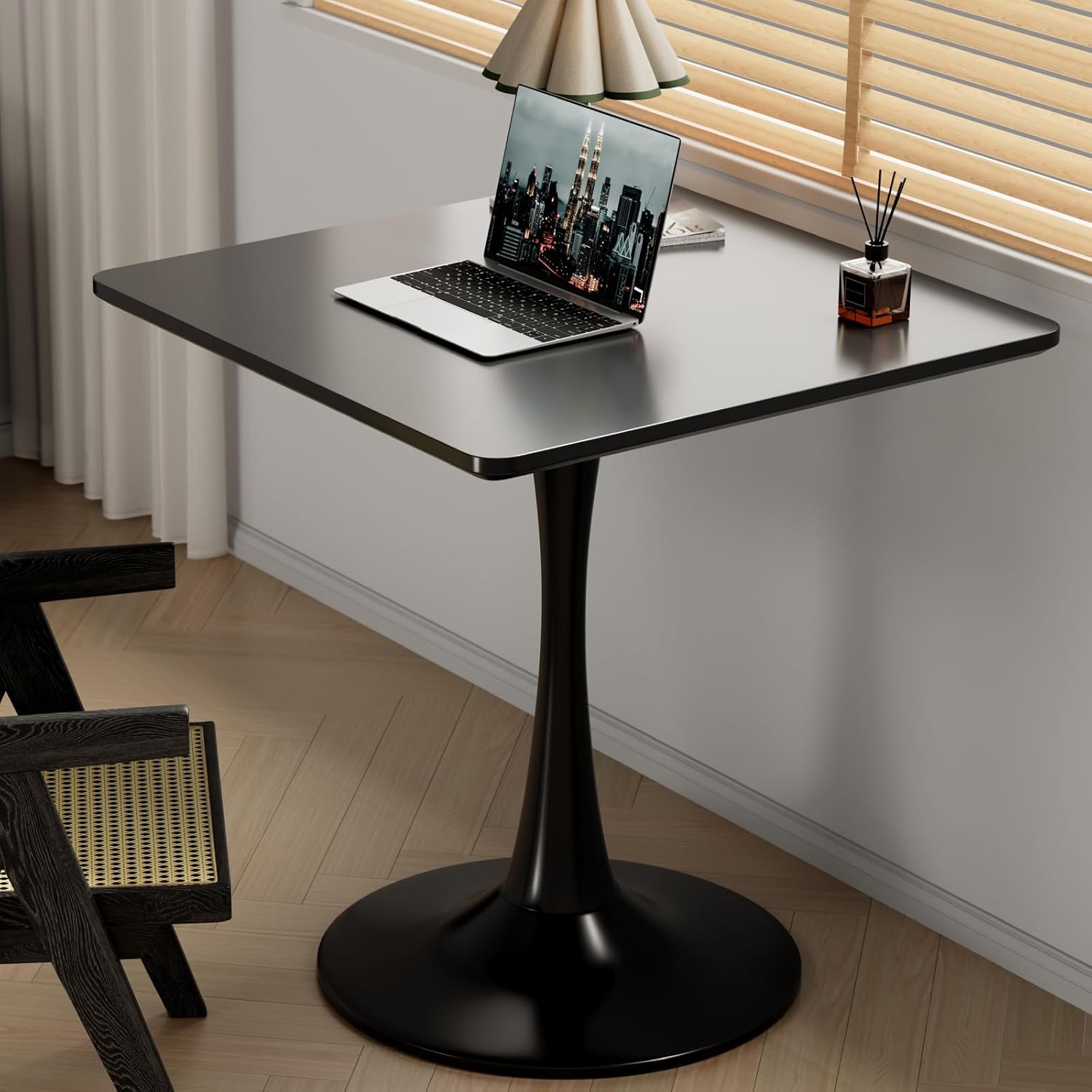 Black Square Tulip Table for 2, 28 Inch Small Dining Table with Metal Pedestal Base for Kitchen, Mid-Century Modern Table with Round Corners for Living Room, Cafe and Home Office Black 28inch