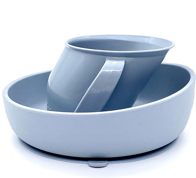 Doidy Cup and Bowl Set - Unique Slanted Design Training Sippy Cup and Non-Slip Silicone Suction Bowl - Weaning Gift Set for Babies and Toddlers (Grey)