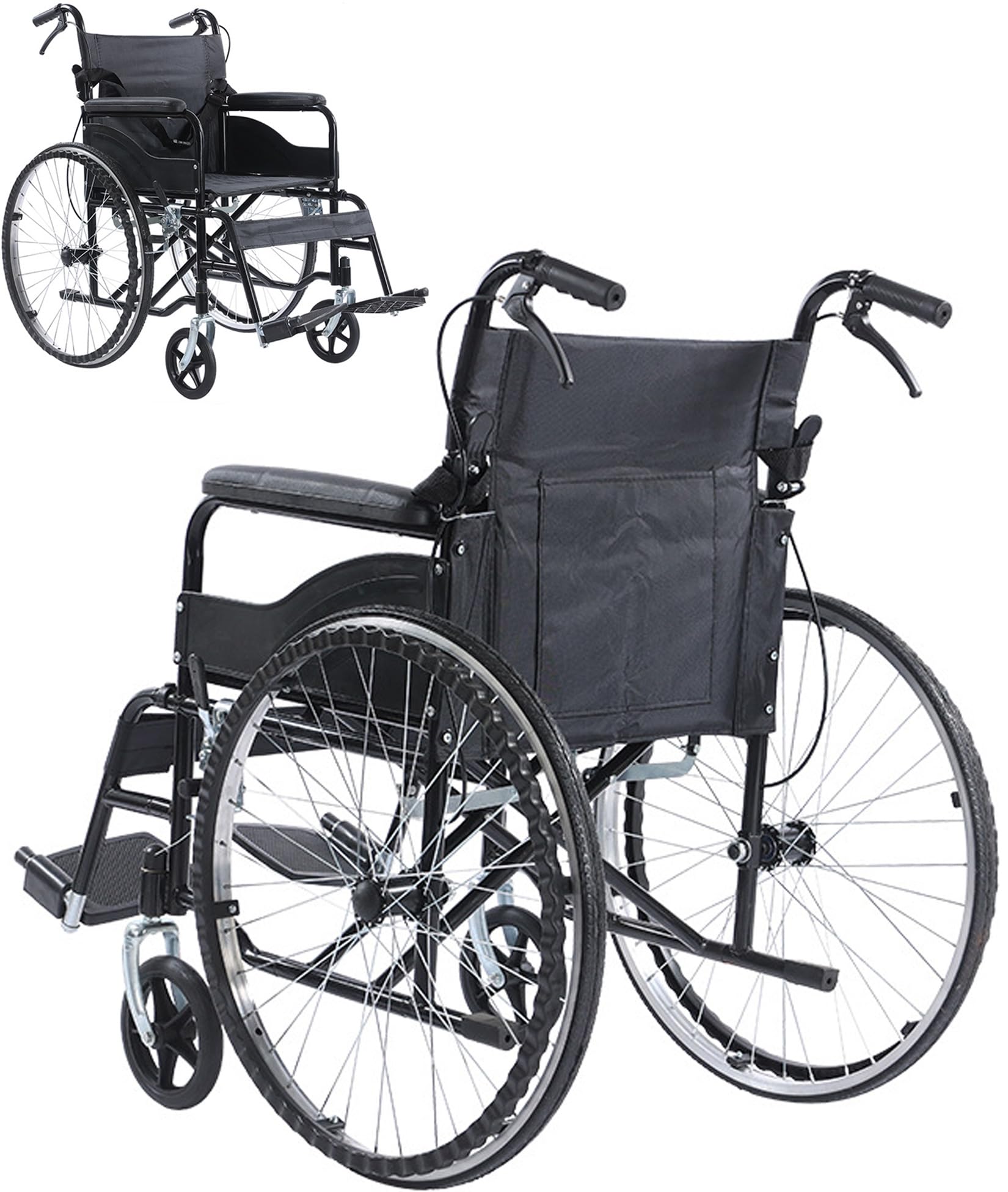 BOTOWI Silla de Ruedas Manual con Freno de Mano, Sillas de Ruedas Ligeras Autopropulsables con Reposapiés Abatibles, Silla de Ruedas de Acero Carbono Sillas de Ruedas de Viaje Portátiles