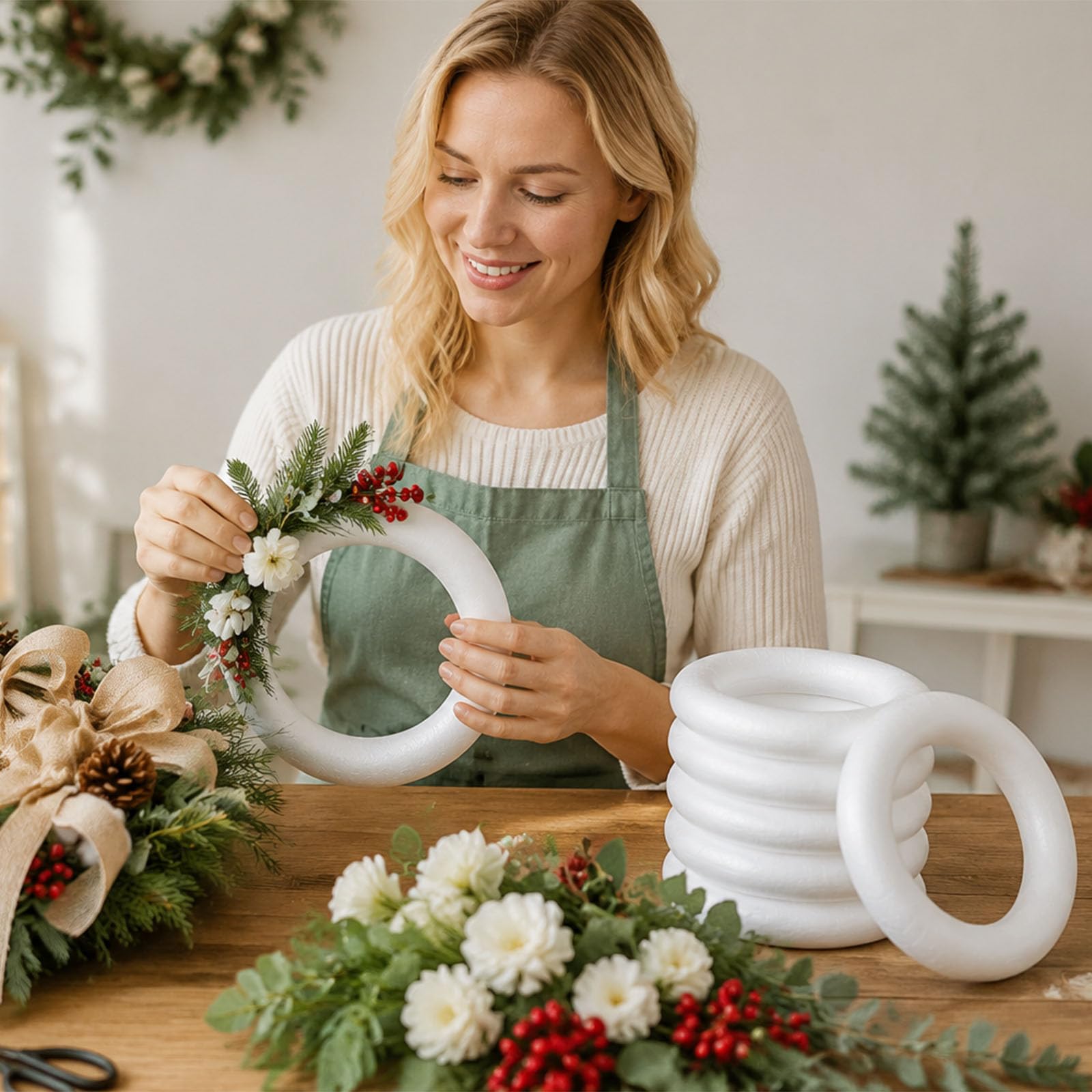 MECCANIXITY Lot de 6 couronnes en mousse Blanc 17,5 cm / 6.89in | Couronne ronde en mousse légère en polystyrène pour mariage, maison, projets floraux, loisirs créatifs, décoration de Noël