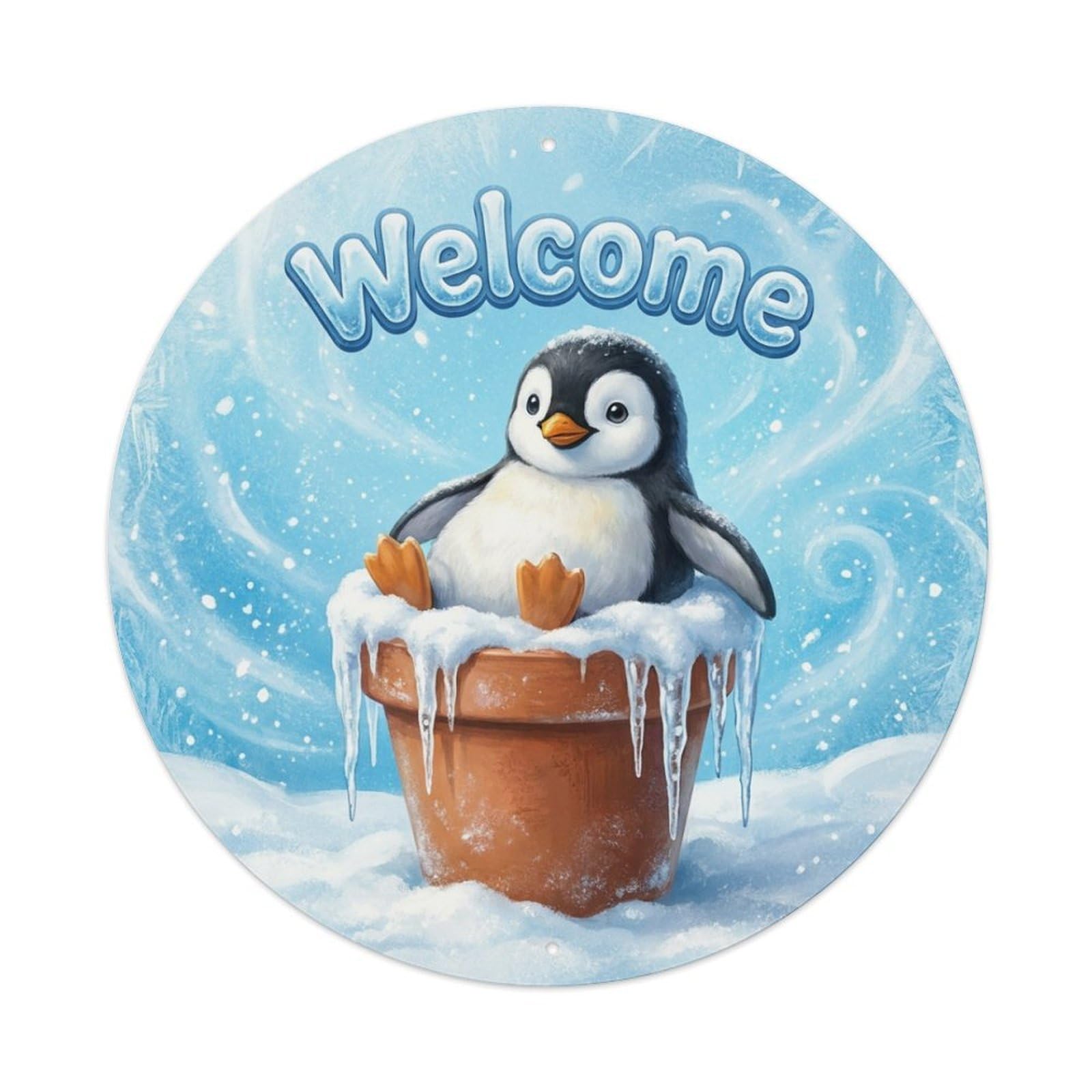 Metal Tin Sign Welcome Penguin Icicle Branch