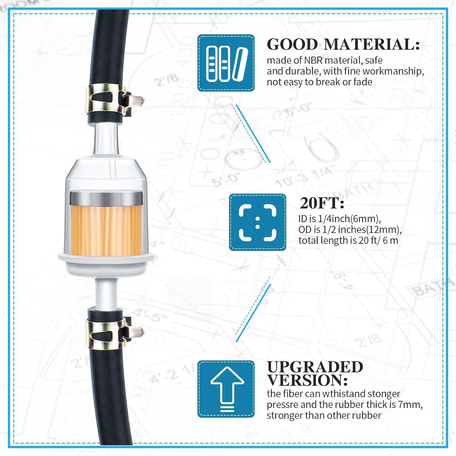 Pangda 20 ft x 1/4 Inch Fuel Line Set, 6 Meter/ 20 Feet Fuel Line with 2 Pcs Filters and 10 Pcs Hose Clamps for Small Engine