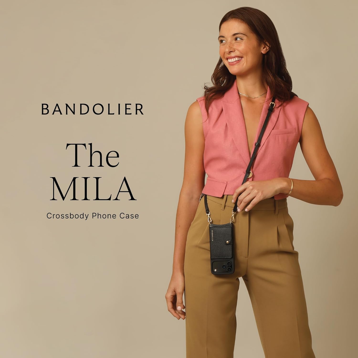 Bandolier Mila Crossbody Wallet Phone Case [MagSafe Compatible] for iPhone 17 Pro Max. 100% Genuine Pebble Leather. Adjustable & Removable Strap. Black with Gold Hardware - Image 5