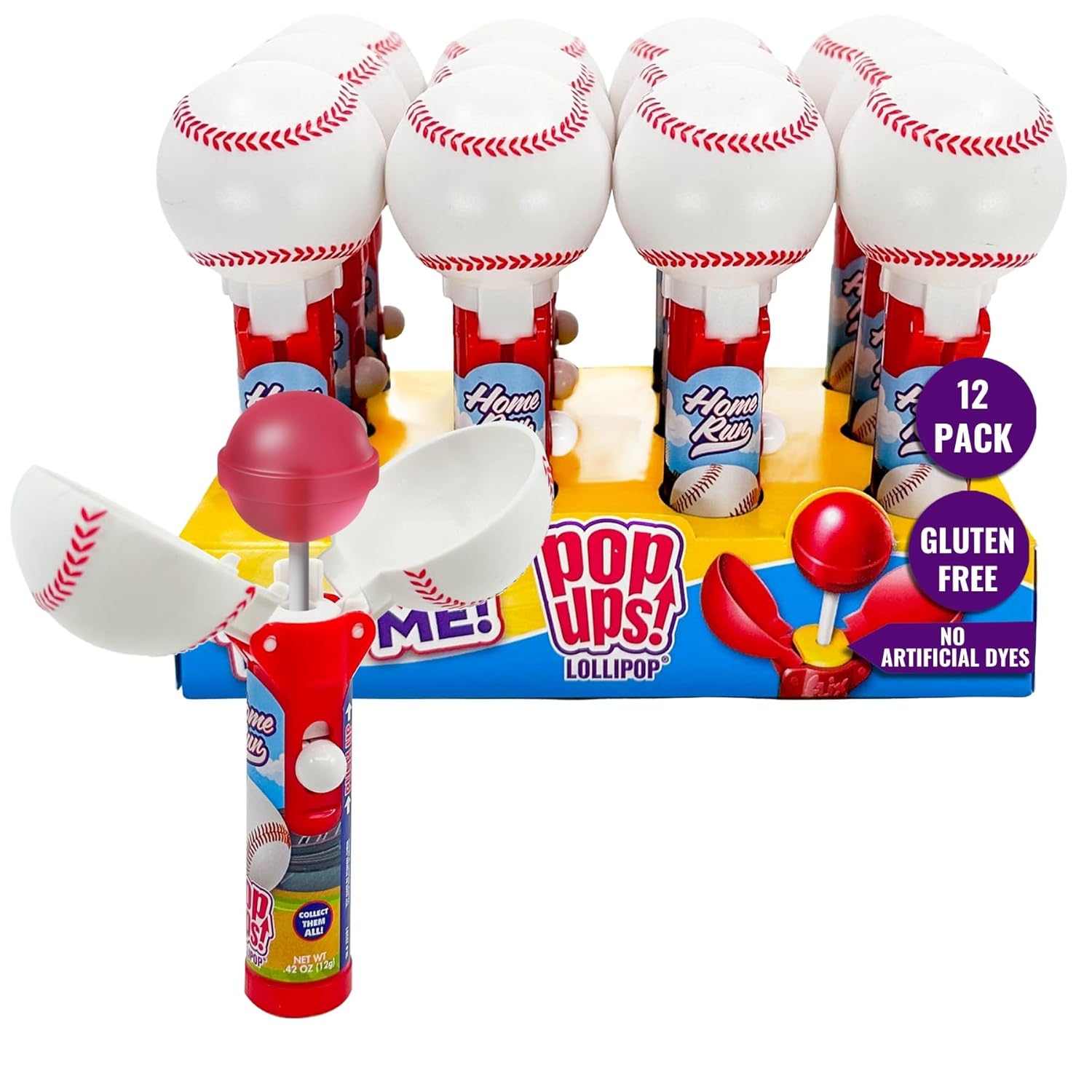 Pop Ups! Baseball Lollipop Holder - 12 Lollipops with Cases - Individually Wrapped Candy Party Favors, Stocking Stuffers - Baseball Candy - Bulk Set of 12