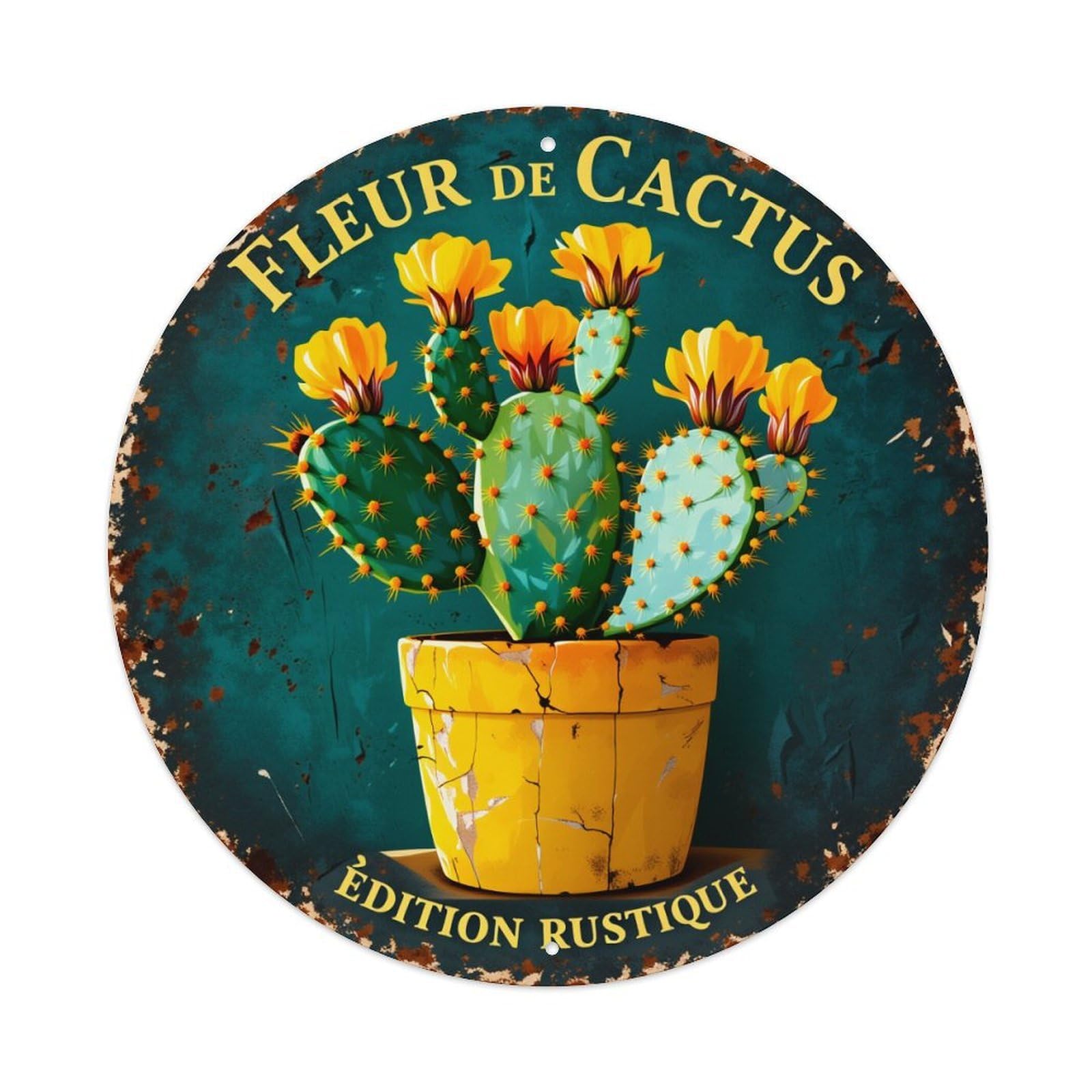 Cactus Flower Rustic Pot Art Vintage Metal Tin Sign Retro Wall Decor for Home Bar Garage Cafe, Indoor & Outdoor Decorative，circle Metal Poster, 8x8 Inch