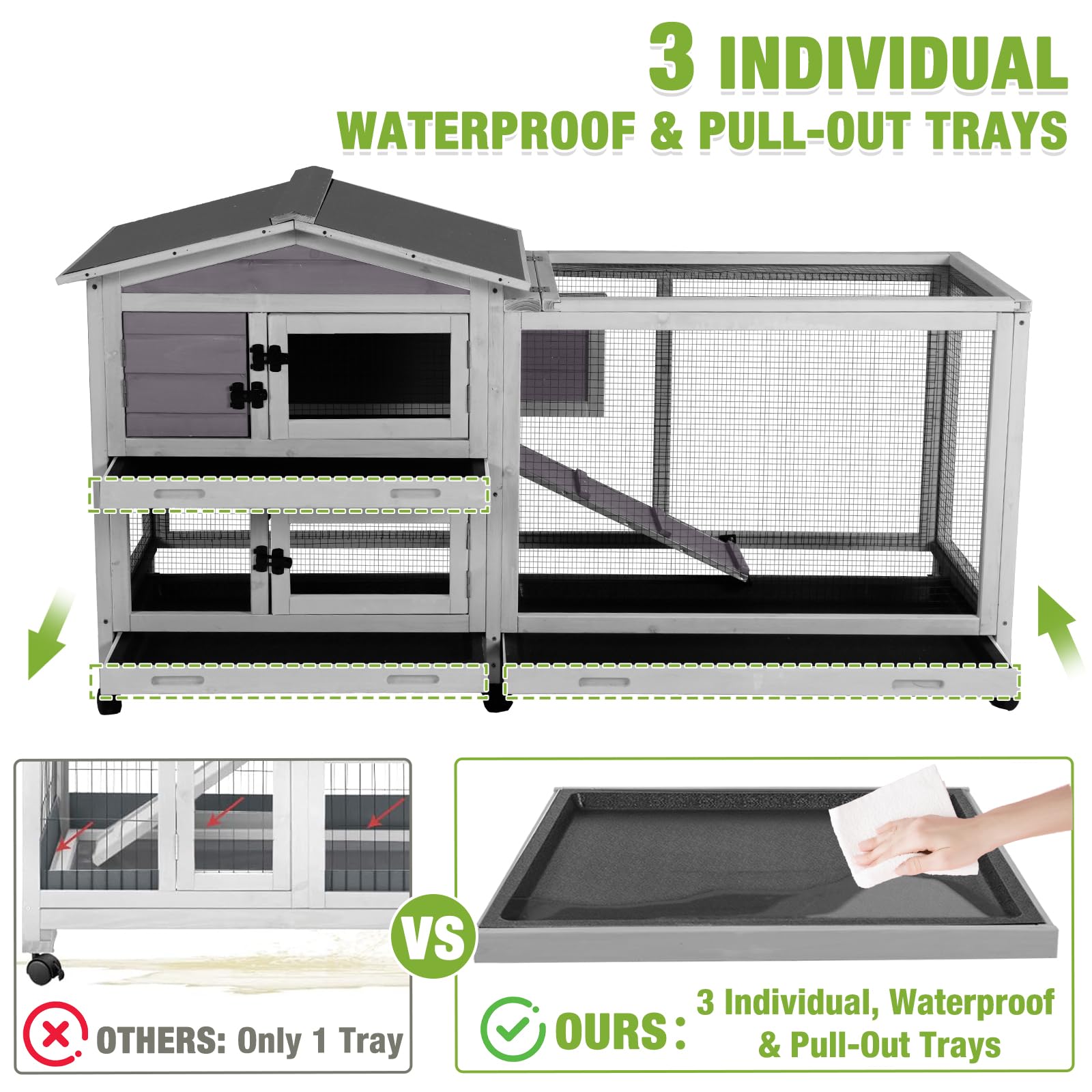 2-Story Indoor Outdoor Rabbit Hutch With Wheels - 62 Inch Bunny Cage With Pull-Out Trays