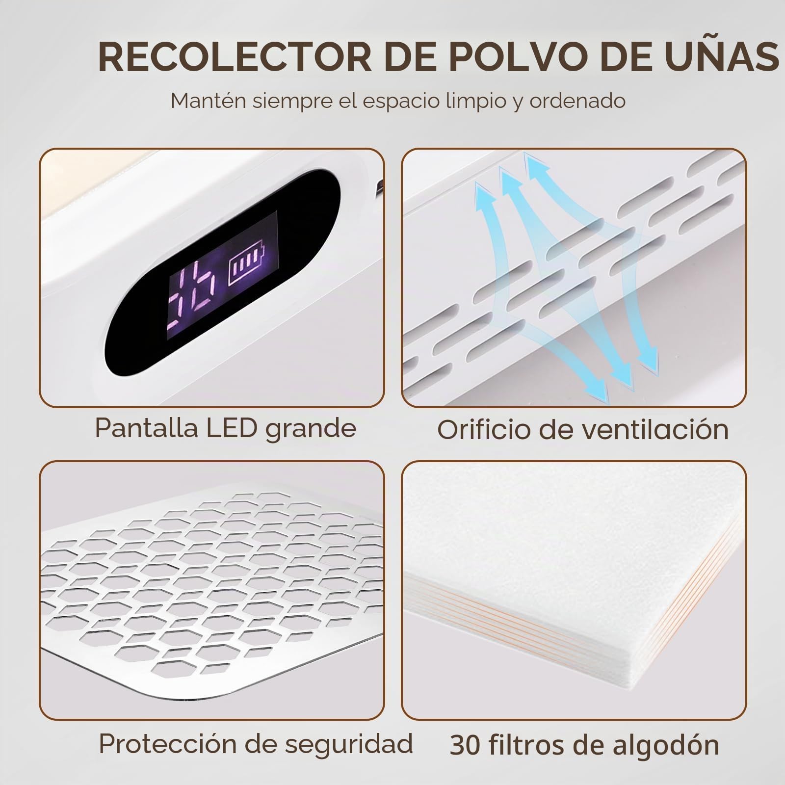 Aspirador uñas Profesional, Succión de 800Pa 6500RPM HEPA Recargable | CHRISTINE SHELLY Colector de polvo de uñas, y motor sin escobillas de para uñas acrílicas, filtroreutilizable