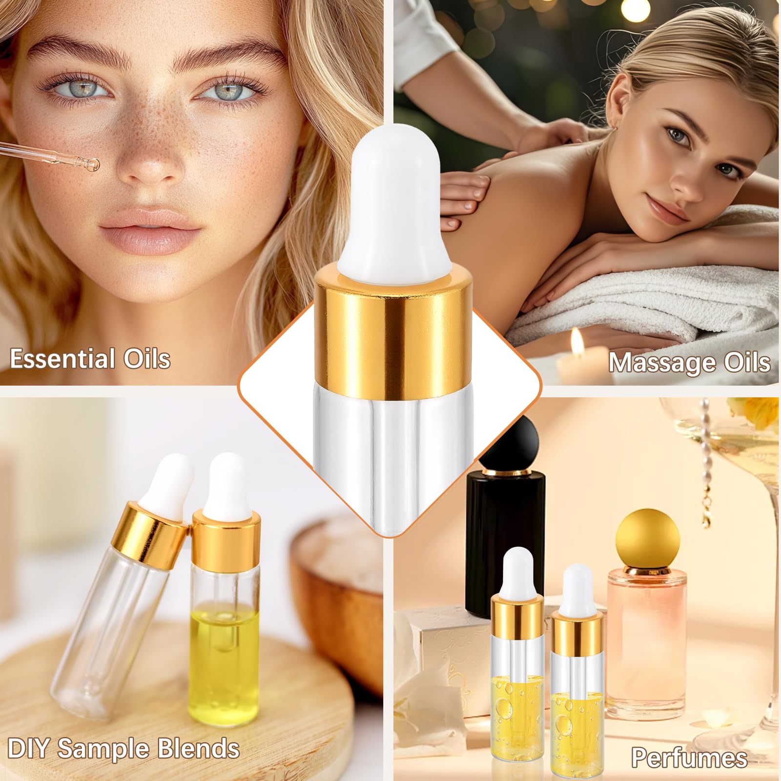 Kesell Mini-Glas-Tropfflaschen, 5 ml, klare Glasflaschen mit Pipette für ätherisches Öl, kleine Reiseflasche mit 5 Kunststoff-Tropfen, kleine Probenflaschen mit Deckel, goldfarben, 100 Stück