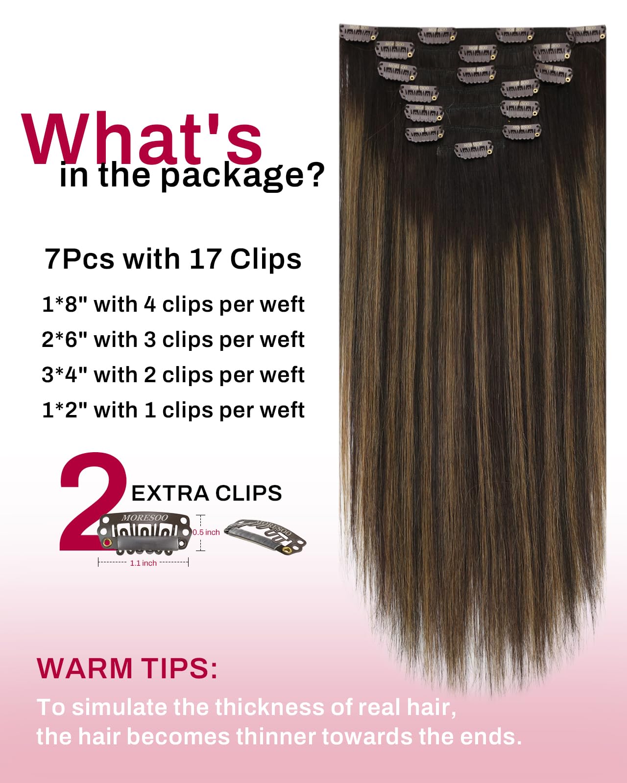 Moresoo Clip in Hair Extensions Real Human Hair Balayage Medium Brown and Blonde Real Hair Extensions Clip in Human Hair for Women Full Head 22 Inch 7pcs/120g #4/6/613 — view 91