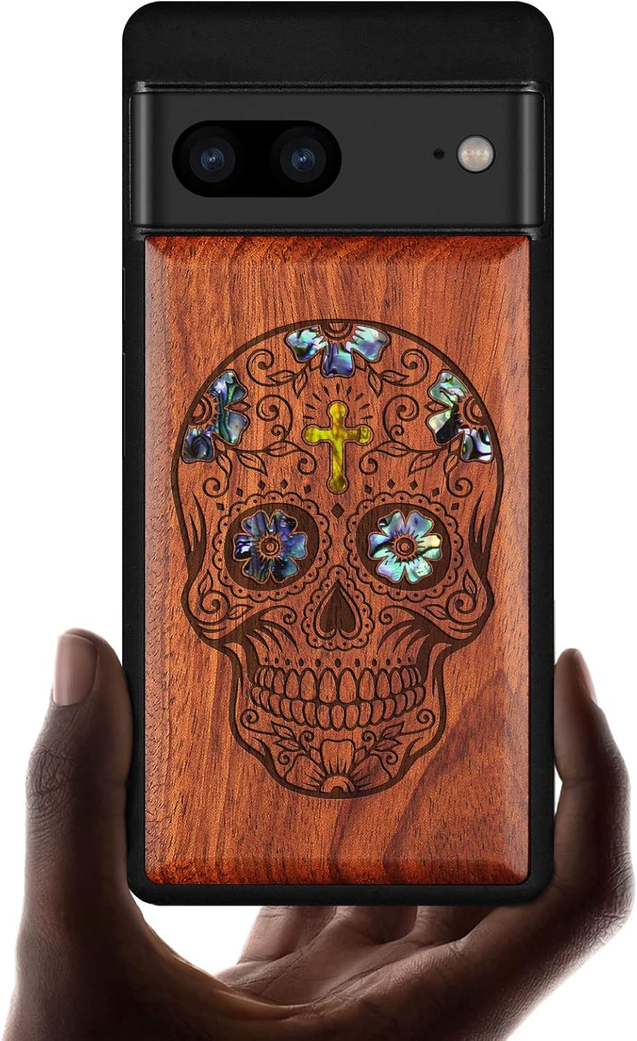 Carveit Designer Wooden Case for Google Pixel 7 Case Protective Cover [Wood Engraving & Shell Inlay] Compatible with Wireless Chargers Pixel 7 (Sugar Skull-Rosy)