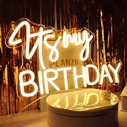 Miniatura 4 de Planzo Letrero de luz LED de neón con texto en inglés "It's My Birthday" para fiesta de cumpleaños, decoración de fondo para ventana, USB, Blanco