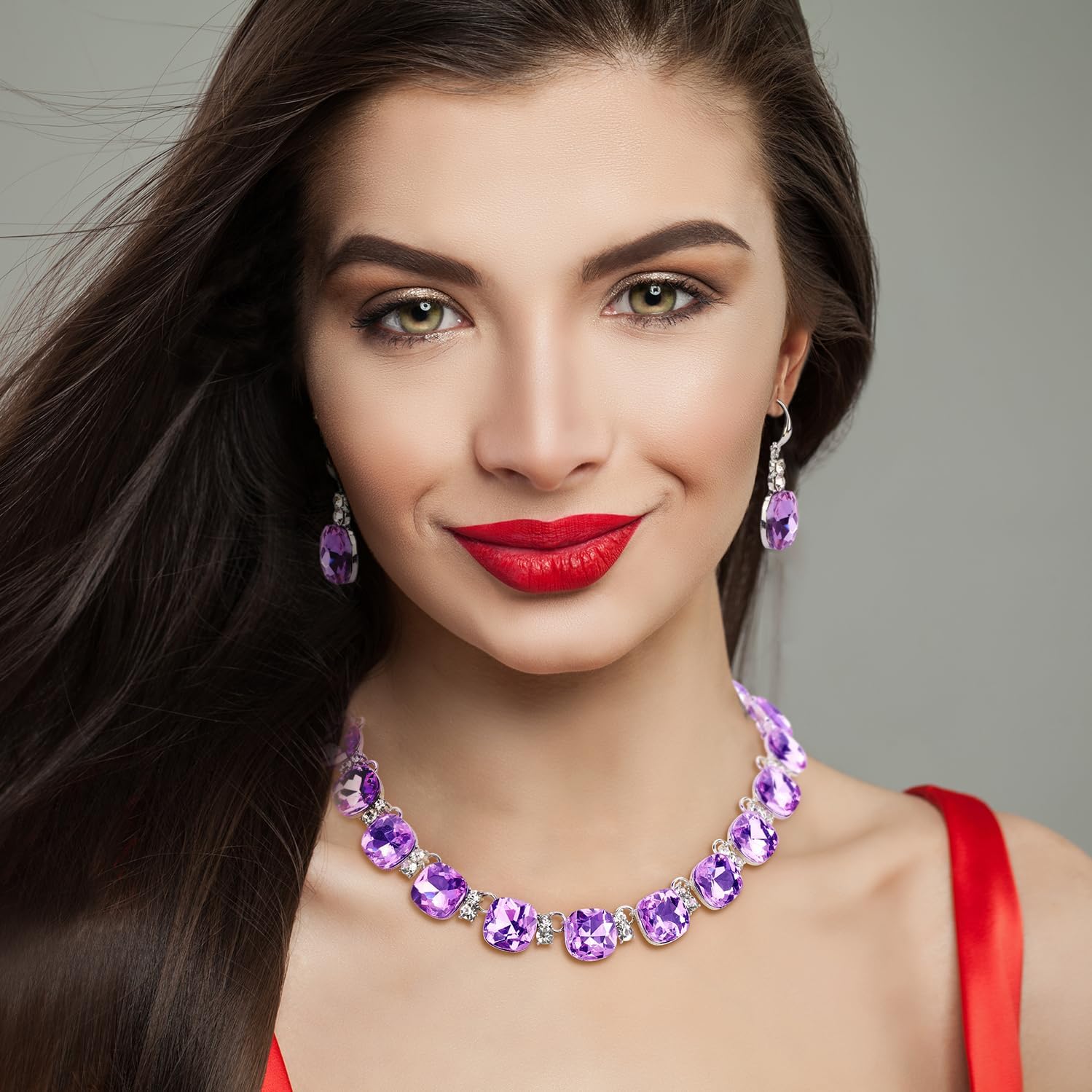 Clear Purple Austrian Crystal Wedding Bridal Jewelry Set for Brides Bridesmaid, Gemstone Statement Necklace and Earring Set Formal Prom Jewelry Set for Silver-Tone Fit With Wedding Evening Dress - Image 5