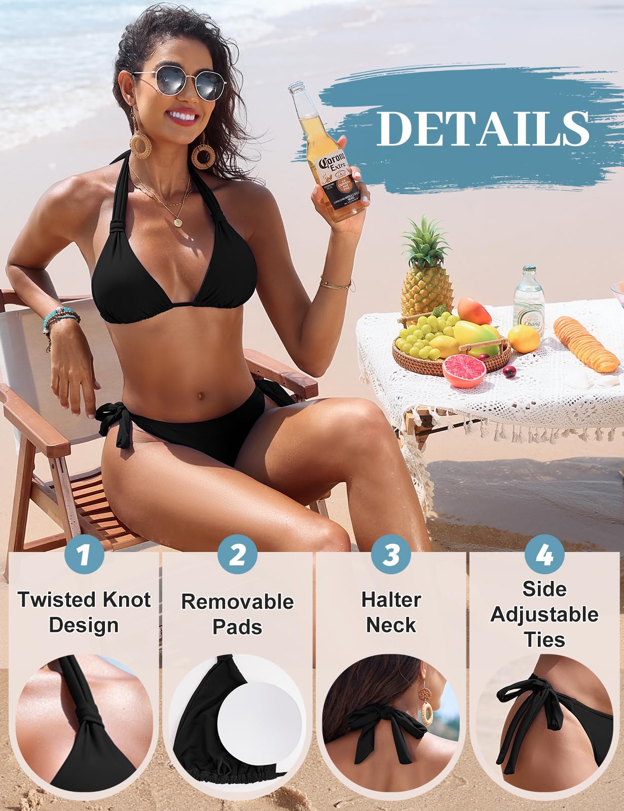 Nadeer Bikinis Mujer Push Up Conjunto de Bikini Cuello Halter Sexy Relleno Traje de Baño Dos Piezas Cintura Media con Lazo Lateral Bañadores 2 Piezas de Playa Piscina Verano