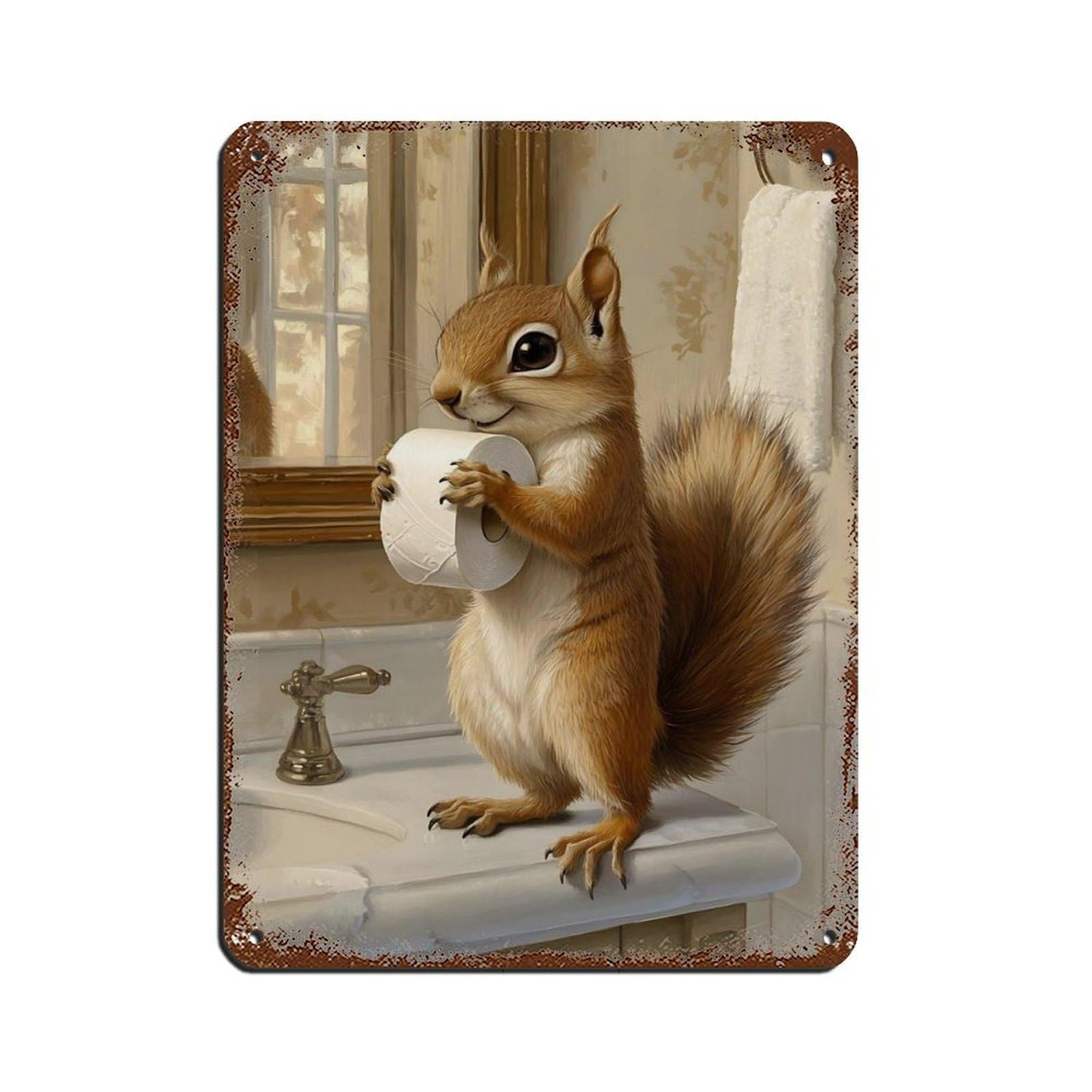 Lxwnze 30L X 40W Cm Squirrel Bathroom, Quirky Animal Decor Tin Sign Vintage Metal Pub Club Cafe Bar Home Wall Art Decoration Poster Retro 12X16inch(30X40cm)
