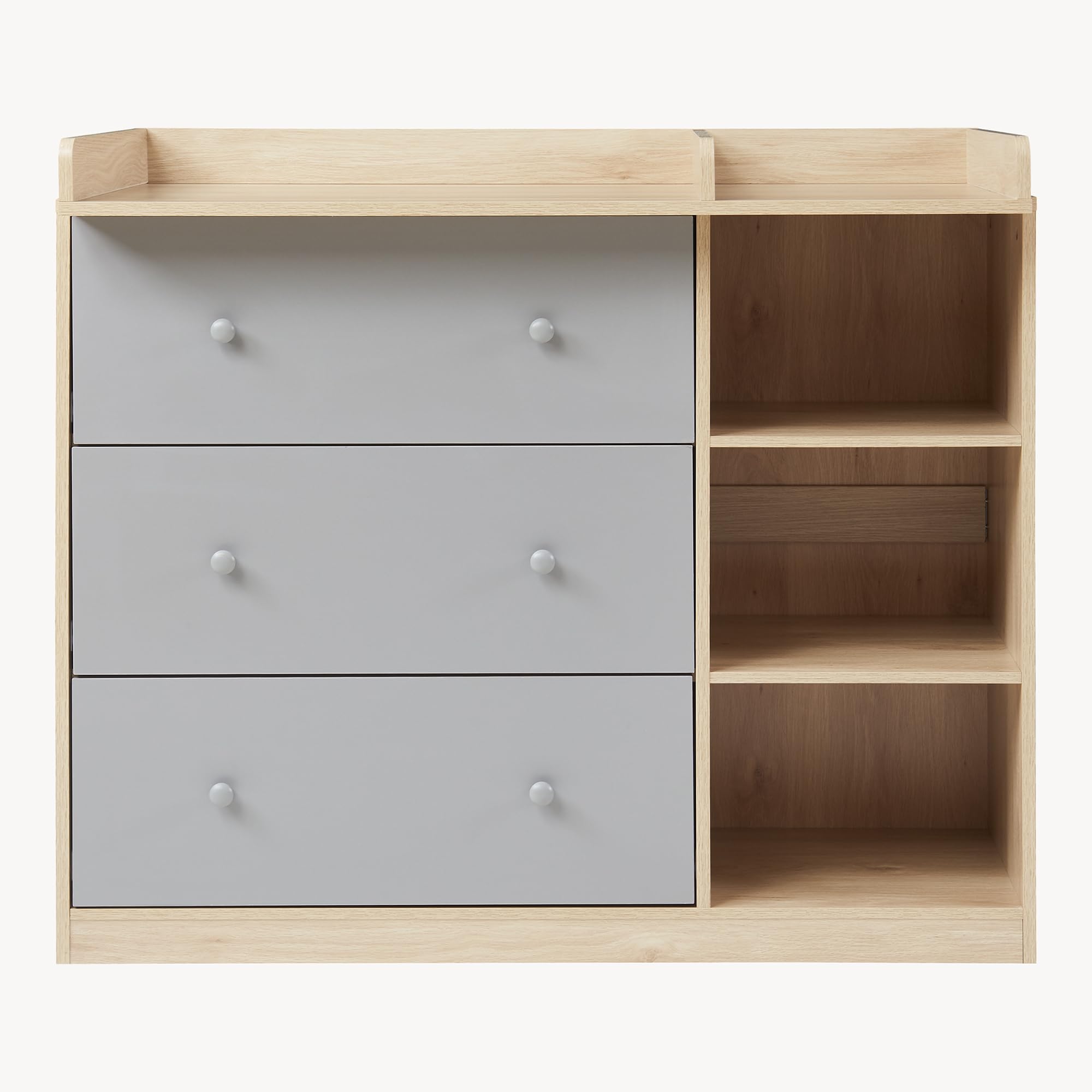 [en.casa] Mueble Cambiador Bebé Beldinupp 2 en 1 Cómoda con Cambiador Bebé con 3 Cajones y 3 Compartimentos Abiertos Moderno 93 x 110 x 55 cm - Efecto roble/Gris