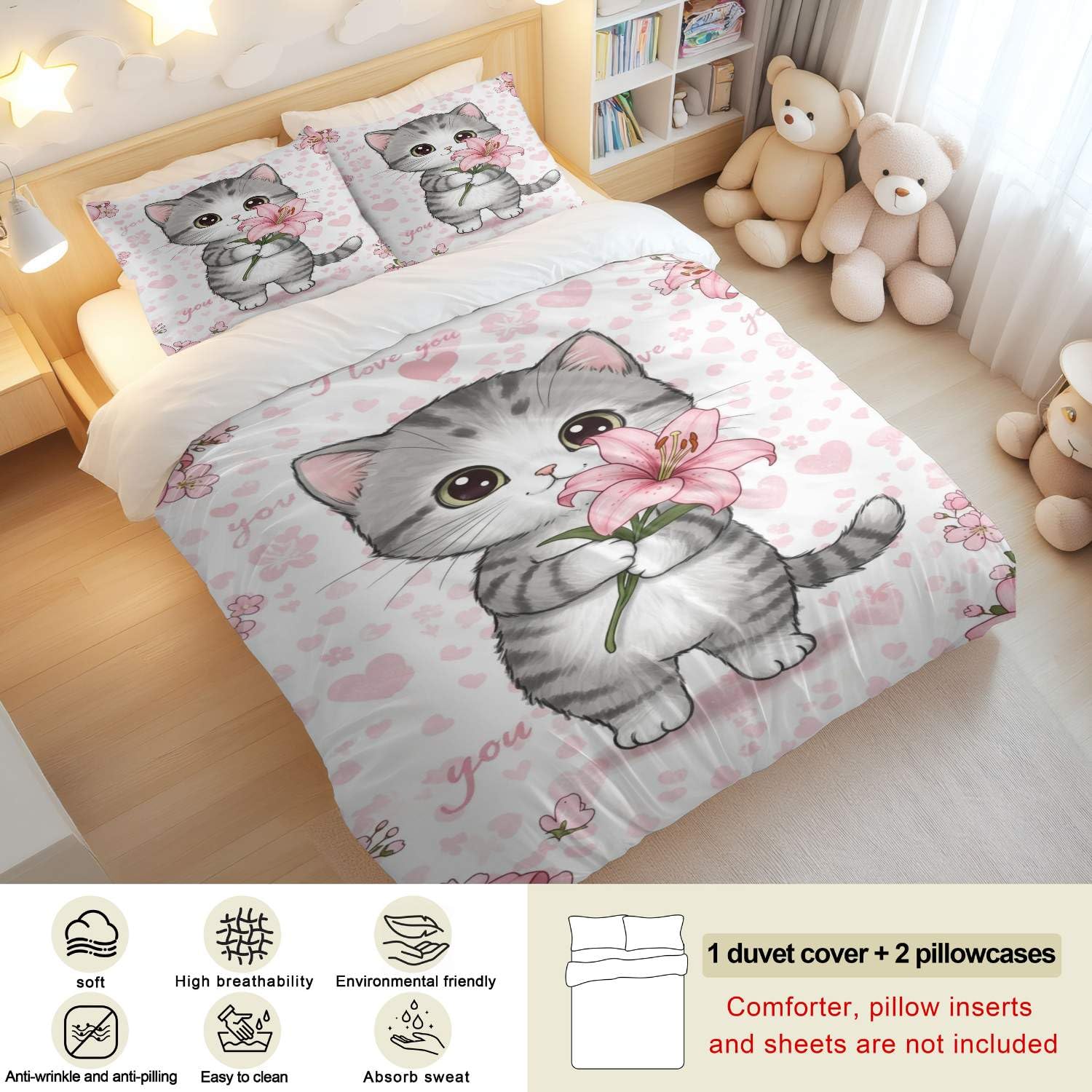 Juego de funda de edredón floral con diseño de gato gris y blanco, bonito estilo de dibujos animados para niños y mujeres jóvenes (01, King 240 x 220 cm + 65 x 65 cm x 2)