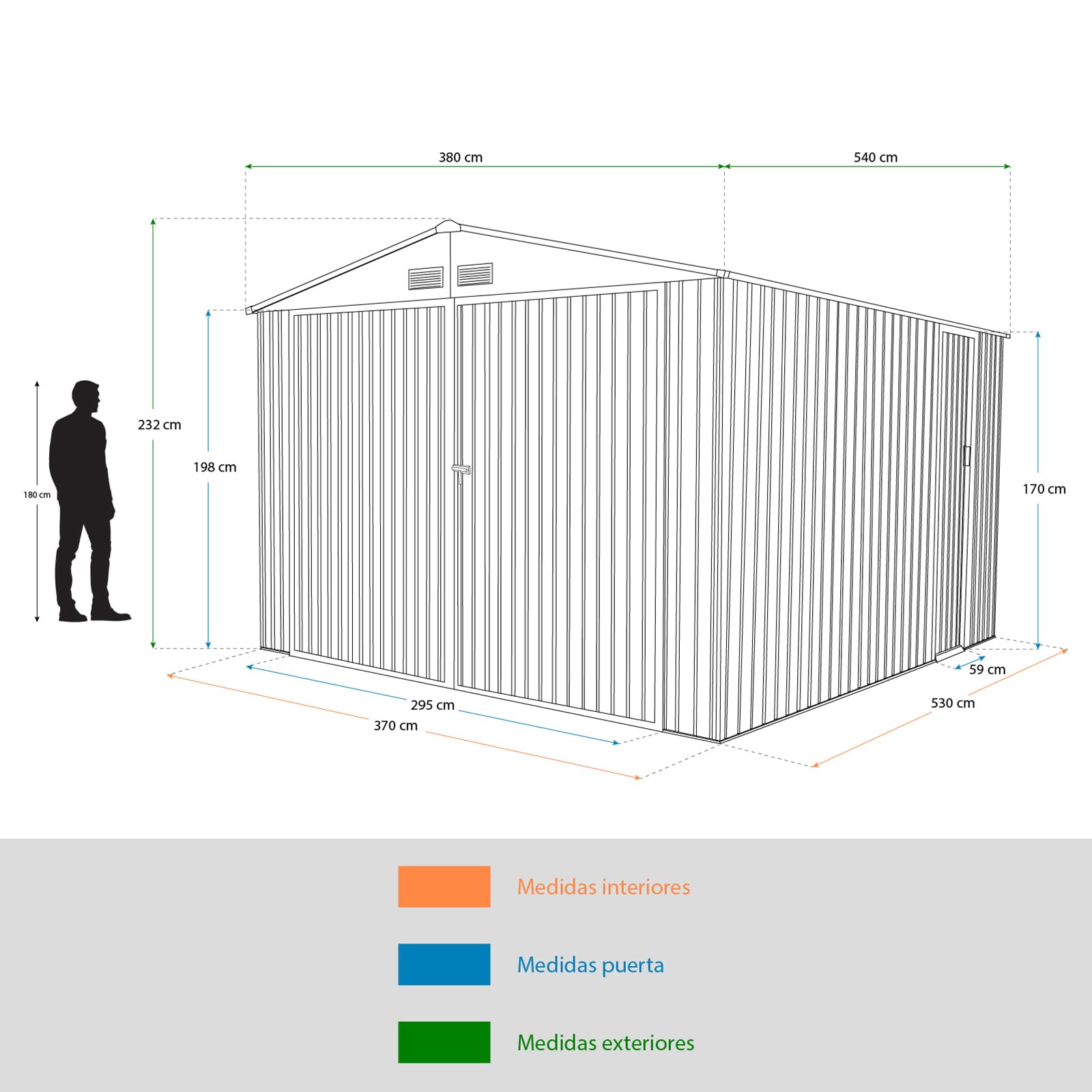 Gardiun Garage Metallo 20,5 M² - Verde, 540x380x232 Cm, Doppia Porta Scorrevole - Foto 10
