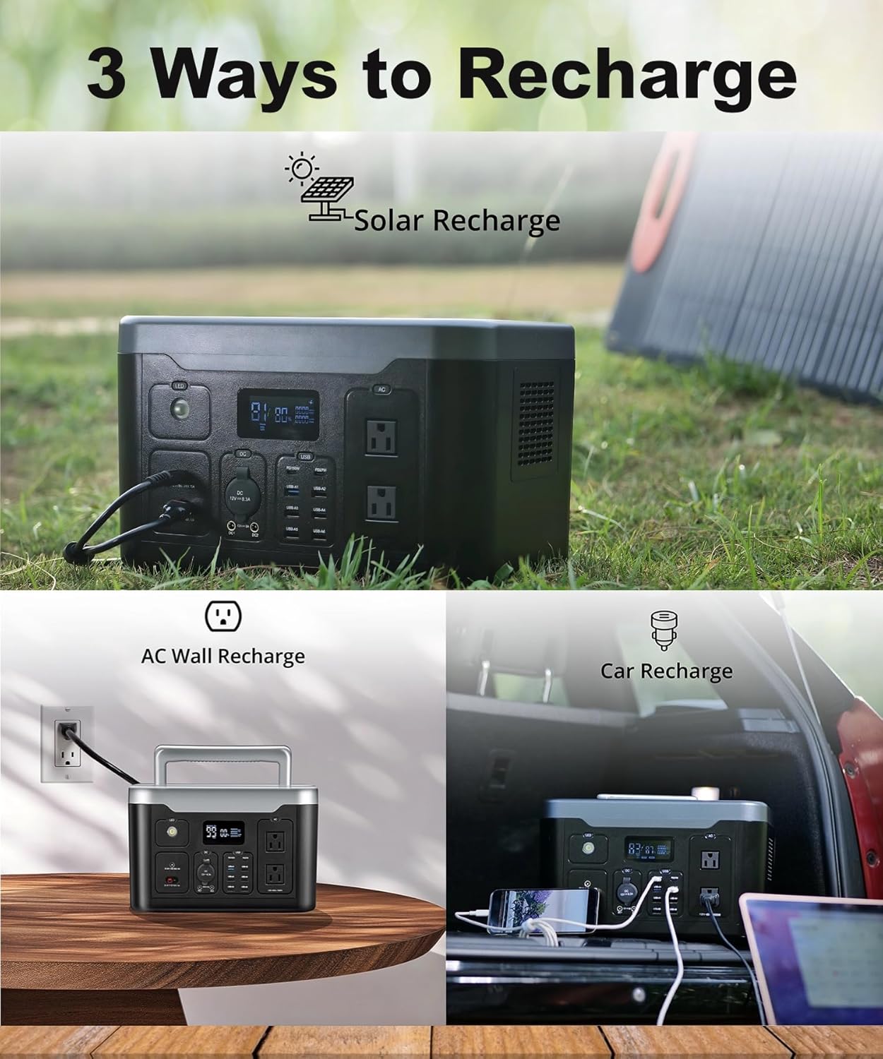 Three ways to recharge the power station: AC wall, solar, and car