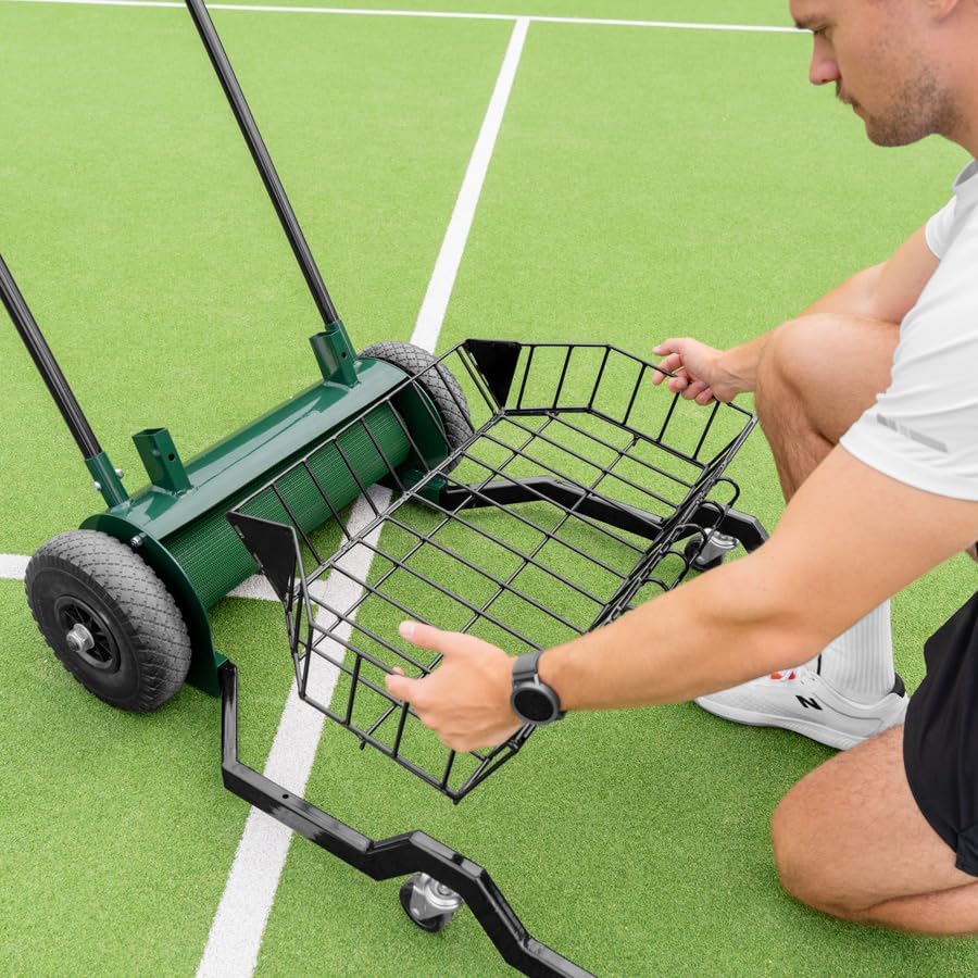 Vermont Tennis Ball Collector Mower | 120 Ball Capacity - Rolling Pickup Drum with Steel Frame - Large Wheels & Dual Basket Feeder - Tennis & Padel Training Equipment