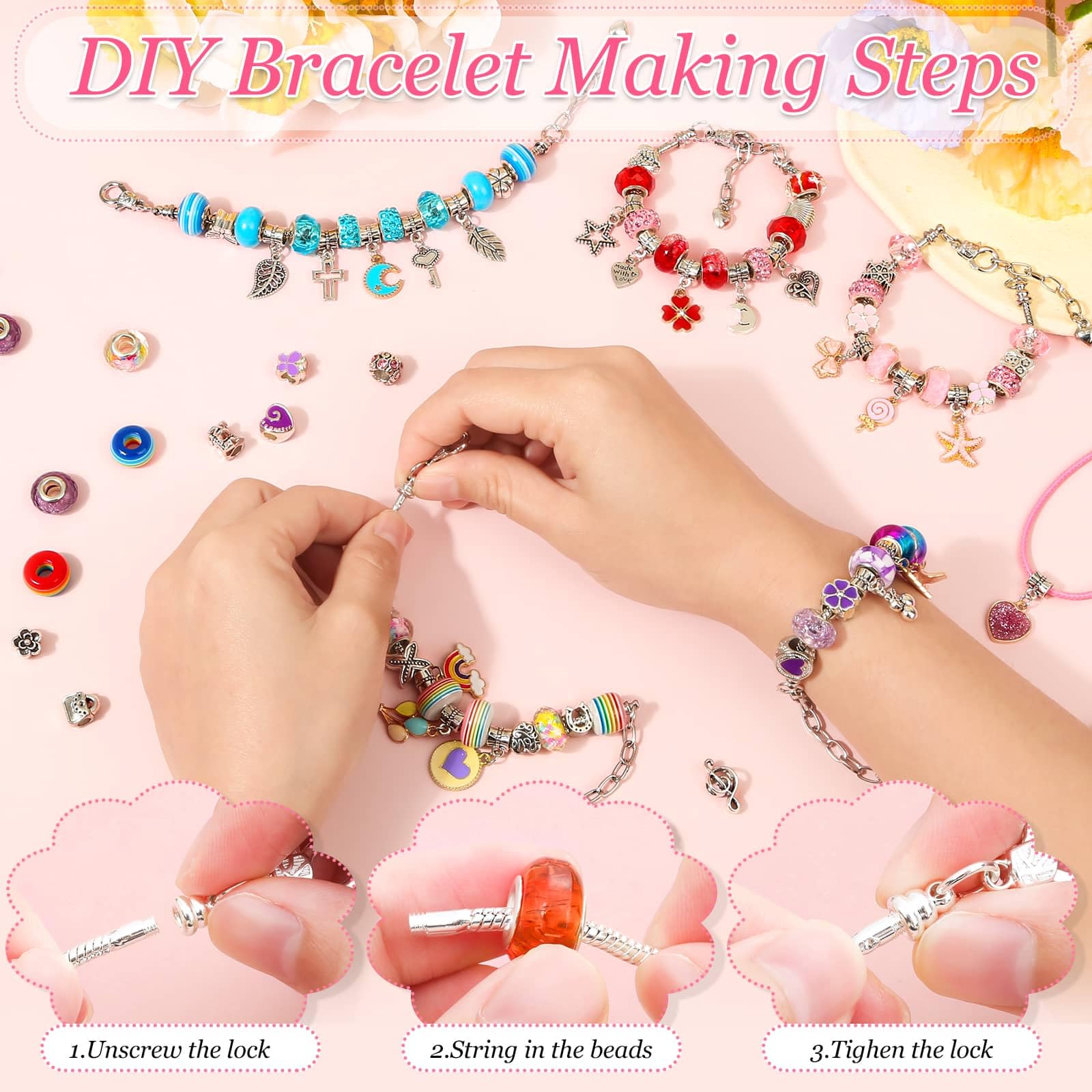 150Pcs Charm Bracelet Making Kit with Jewelry Box Girls Beads for Jewelry Making Kit with DIY Crafts Gift for Girls Bracelet Teen Women Birthday Valentine Gifts Christmas - Image 6