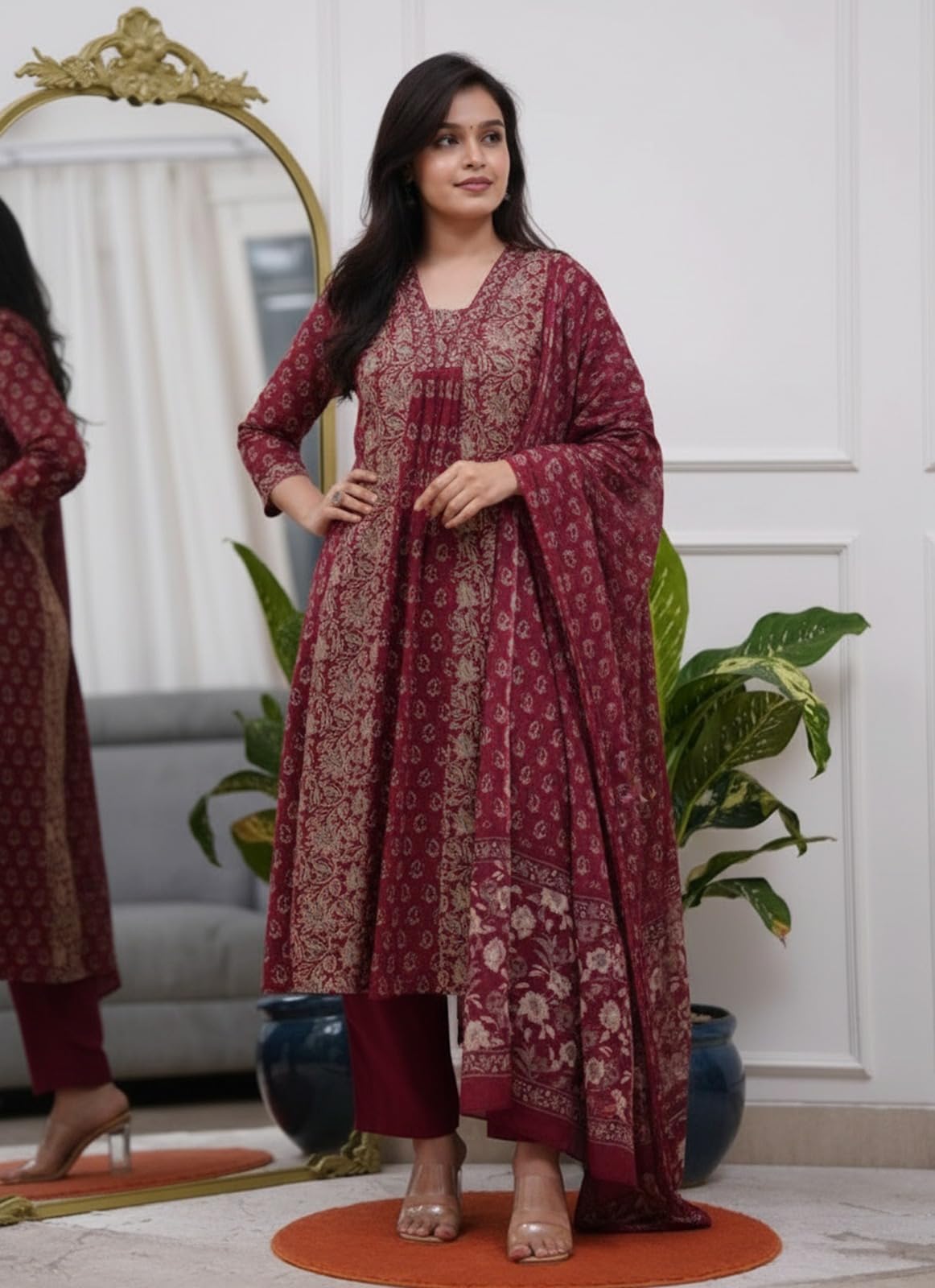ANNI Designer Anarkali Kurta mit Hose und Dupatta für Damen, Rayon-Viskose, bedruckt