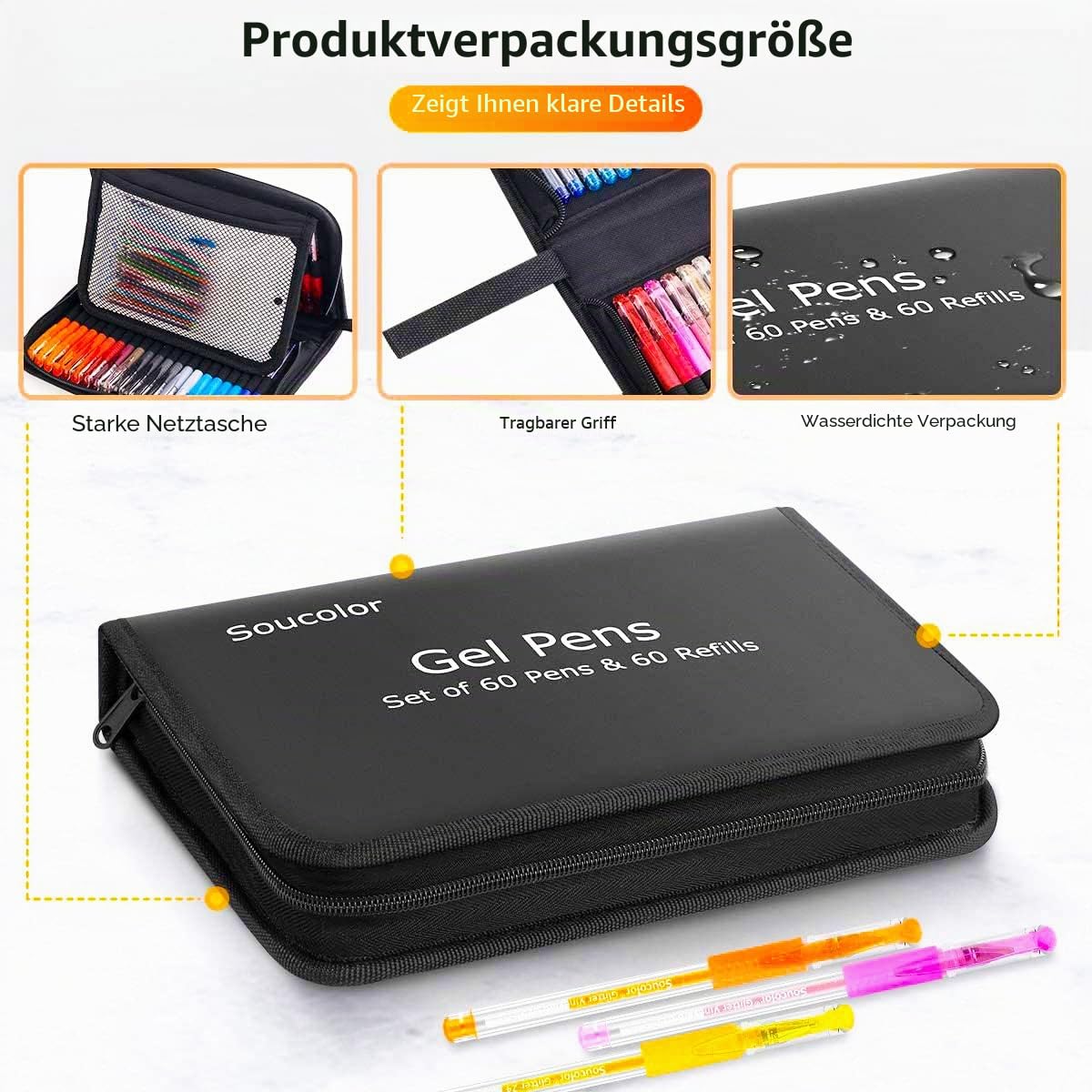Soucolor Glitzer-Gelstifte für Malbücher für Erwachsene, 120 Stück, 60 Nachfüllpackungen und Reiseetui, 40% mehr Tinte, Glitzer-Gel-Marker-Set zum Zeichnen, Kritzeln, Journaling, Bastelbedarf