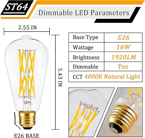 Miniatura 8 de Bombillas LED regulables estilo vintage ST64, bombillas LED de 16 W, luz neutra, bombillas de filamento Edison de alto brillo, base E26, 1920
