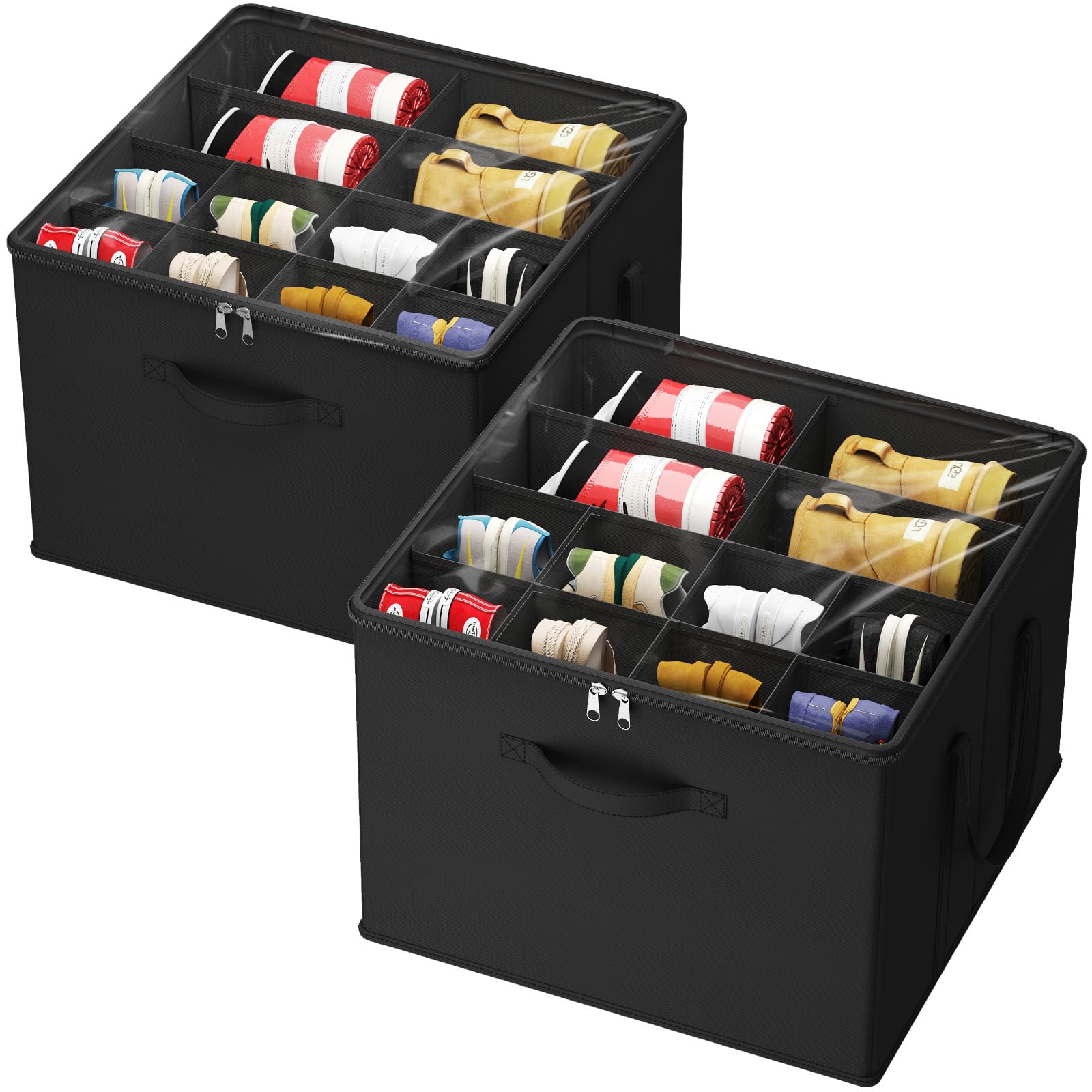 Lifewit Organizer Scarpe Pieghevole, Scatole porta Scarpe con Coperchio Trasparente per 12-16 Paia, Shoes Organizer con Supporto Inferiore e Manici Rinforzati, Nero, Set di 2