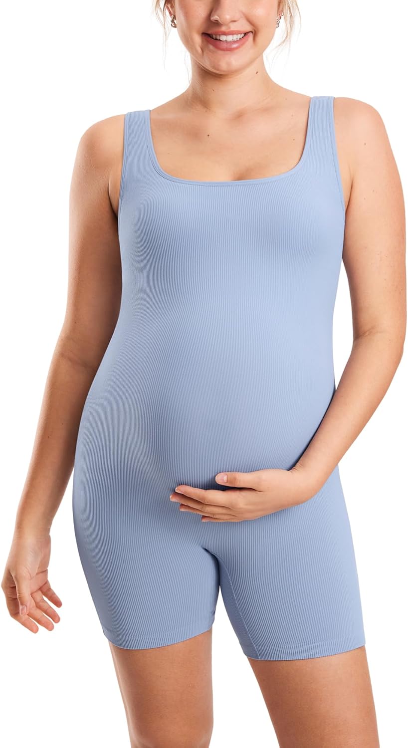 MOMANDA Women's Maternity Bodysuit Ribbed Sleeveless Shorts Jumpsuit Square Neck Tank Top Romper for Pregnancy