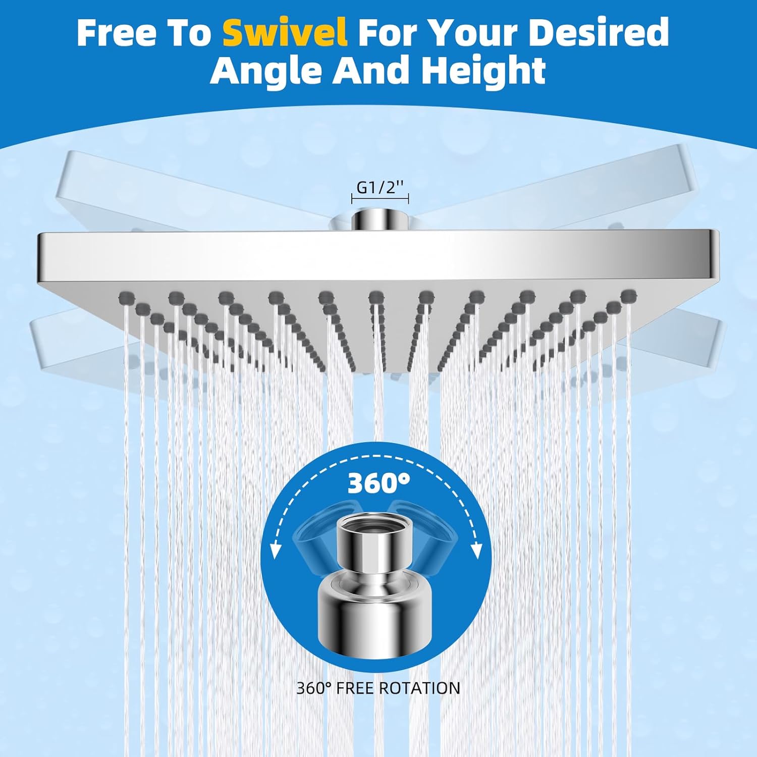 Hibbent cUCPC Certified Thickness Rain Shower Head, 8'' High Pressure Rainfall Shower Head, Square Bathroom Waterfall Shower Heads, High Flow Fixed Showerheads with Adjustable Brass Ball Joint, Chrome - Image 4