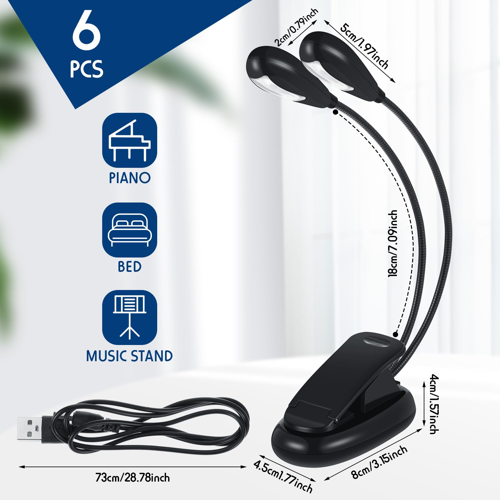 Rossesay 18 Pcs Music Stand Light Bulk Clip on LED Book Lights USB and AAA Battery Operated Brightness Dual Arm Clip Lamp Rechargeable for Eye Protection Bookworms Orchestra Readers Piano Player