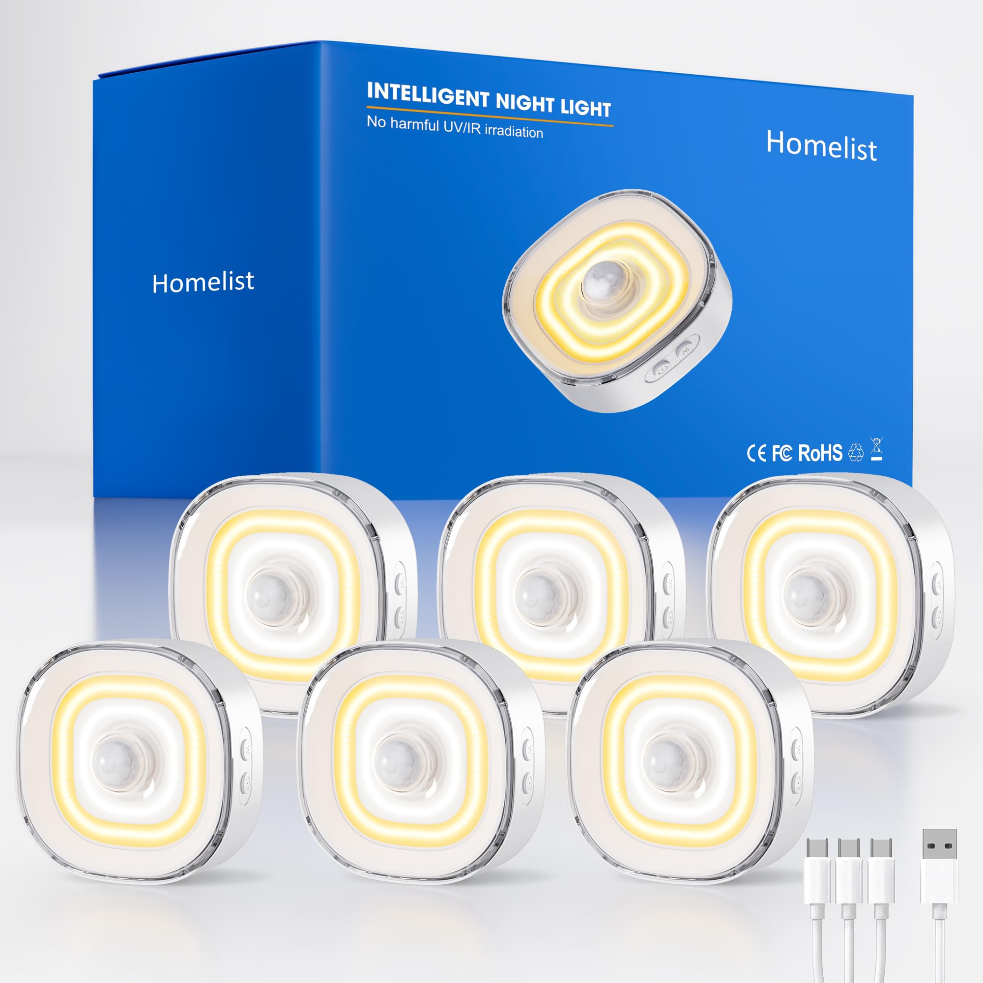Homelist Luces con sensor de movimiento, COB de 68 LED, 100 lm, pack de 6 | Luz nocturna recargable y regulable con 3 colores para escaleras, pasillos, cocinas y armarios