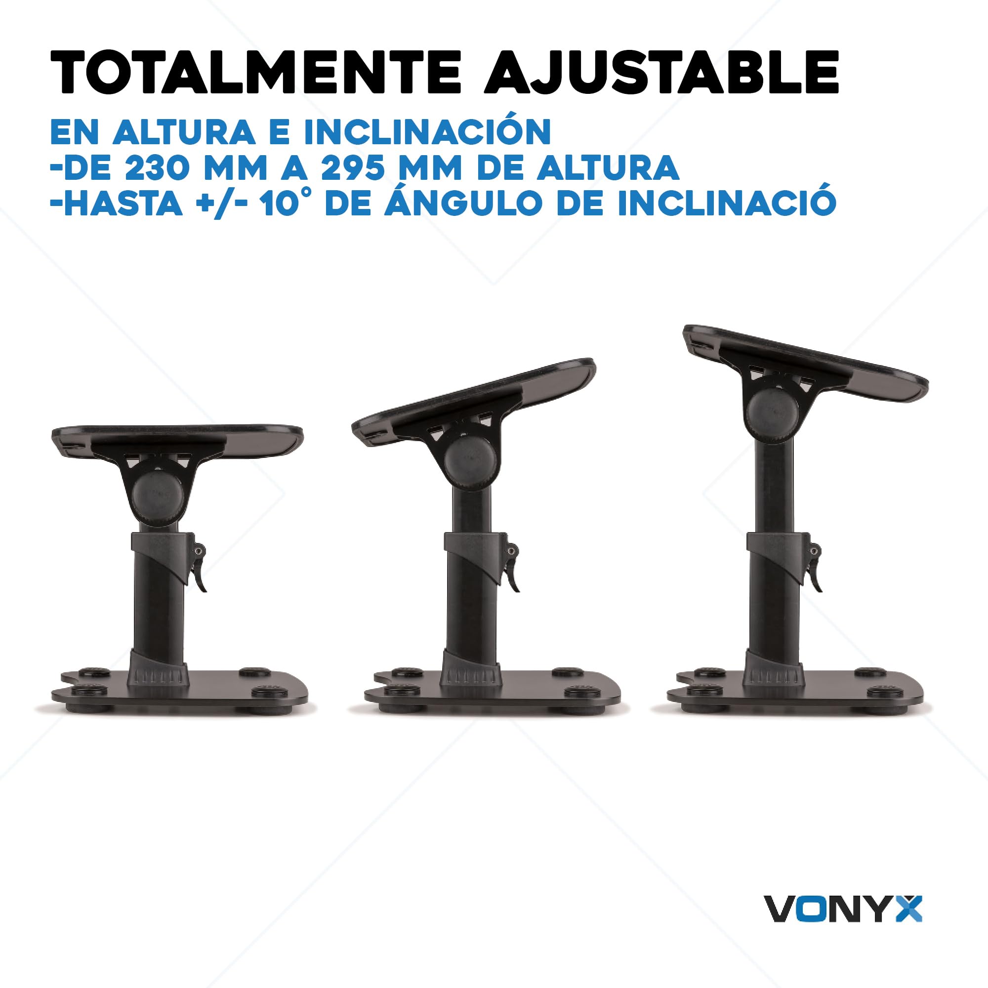 Vonyx SMS30 - Soporte de altavoz universal ajustable en altura de 23 cm a 29,5 cm, soporte estable para altavoces o monitores de estudio de hasta 15 kg e inclinación de +/- 10° para un sonido óptimo