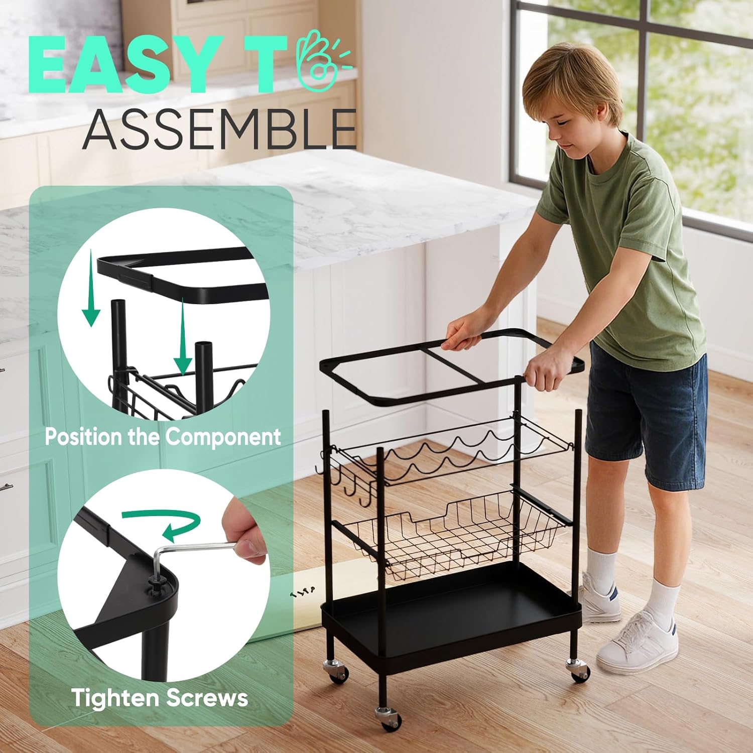 Sekey Rolling Kitchen Cart with Wine Rack, Bar Cart, Home Bar Serving Cart on Wheels with Hook, Mobile Beverage Microwave Carts, for Home, Living Room, Dinning Room, Black and Light Brown