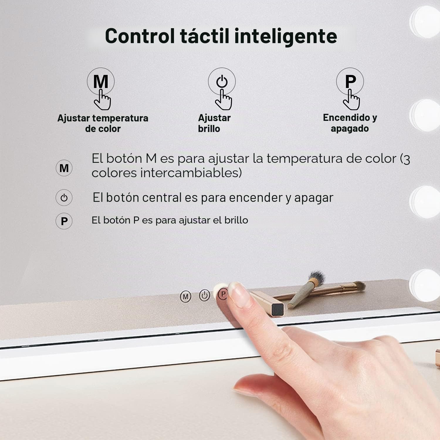 SONNI Hollywood - Espejo de maquillaje con luz (58 x 46 cm) | 3 colores de luz, regulable, función táctil y memoria, 15 bombillas LED. Ideal para maquillaje diario y como regalo