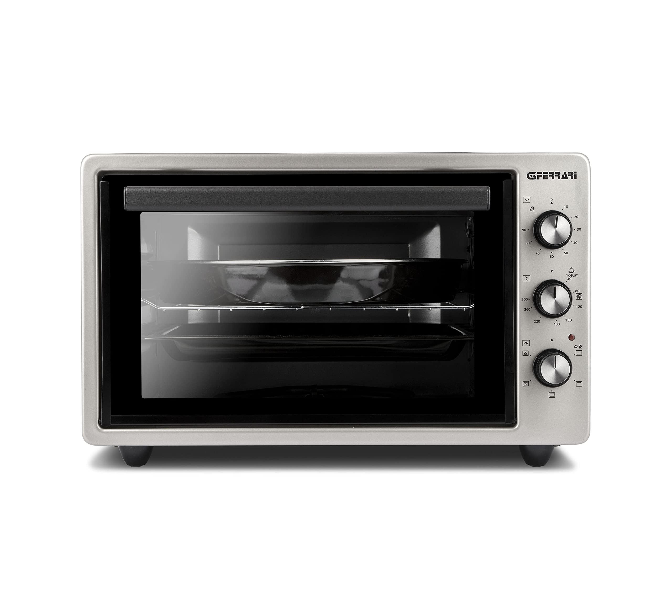 G3 Ferrari G10152 Rostò 37 Heißluftofen, 37 L, bis 300 °C, Doppelglas-Tür, Innenbeleuchtung, 1500 W, 90-Minuten-Timer, einstellbarer Thermostat, inklusive Zubehör, Silber/Schwarz