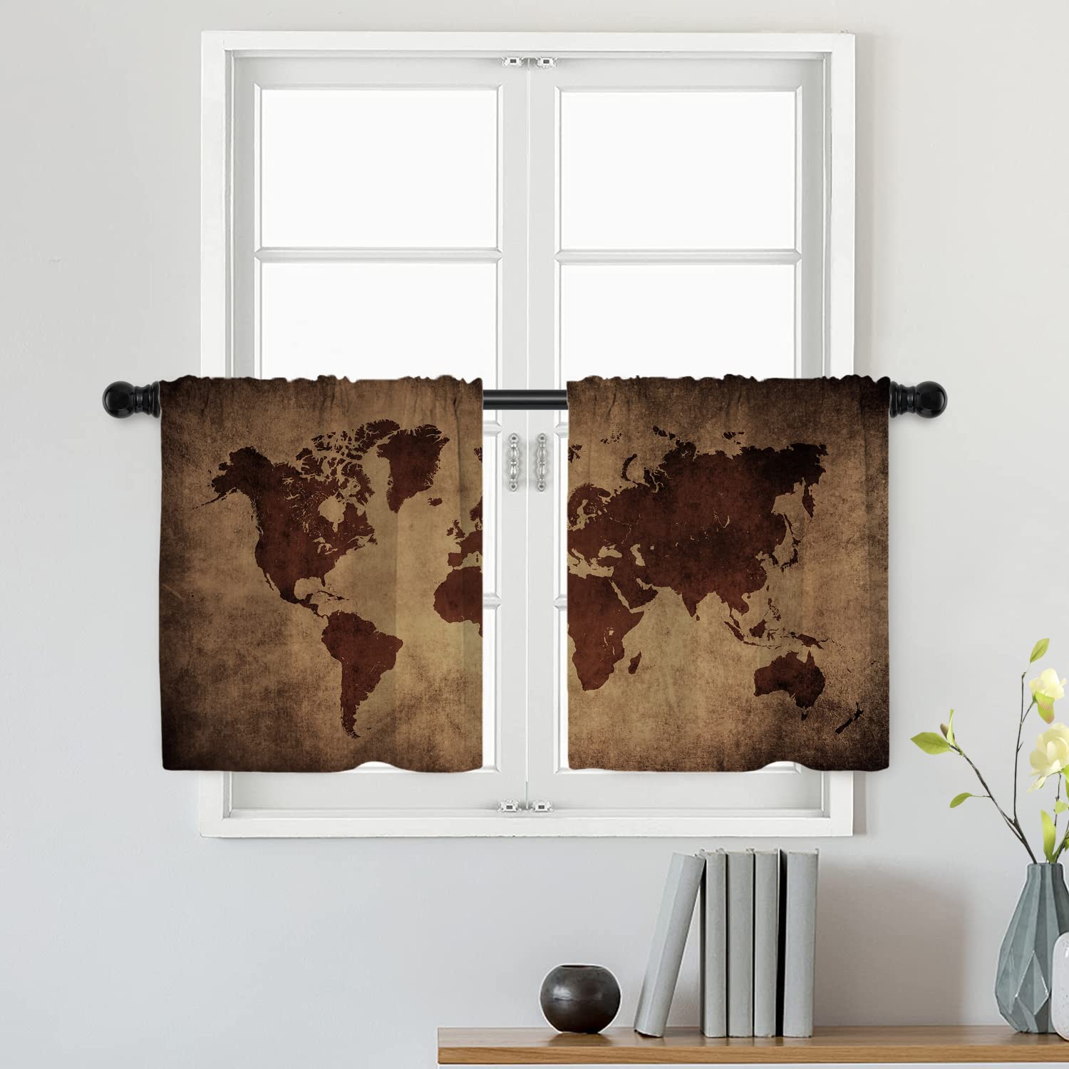 Batmerry Map Outline Brown Tier Curtains,World Kids Paintings Halloween Black Window Treatment Short Kitchen Curtain Multilayer Polyester Blackout for Living Room/Bathroom, 2 Pack 26x24 inches