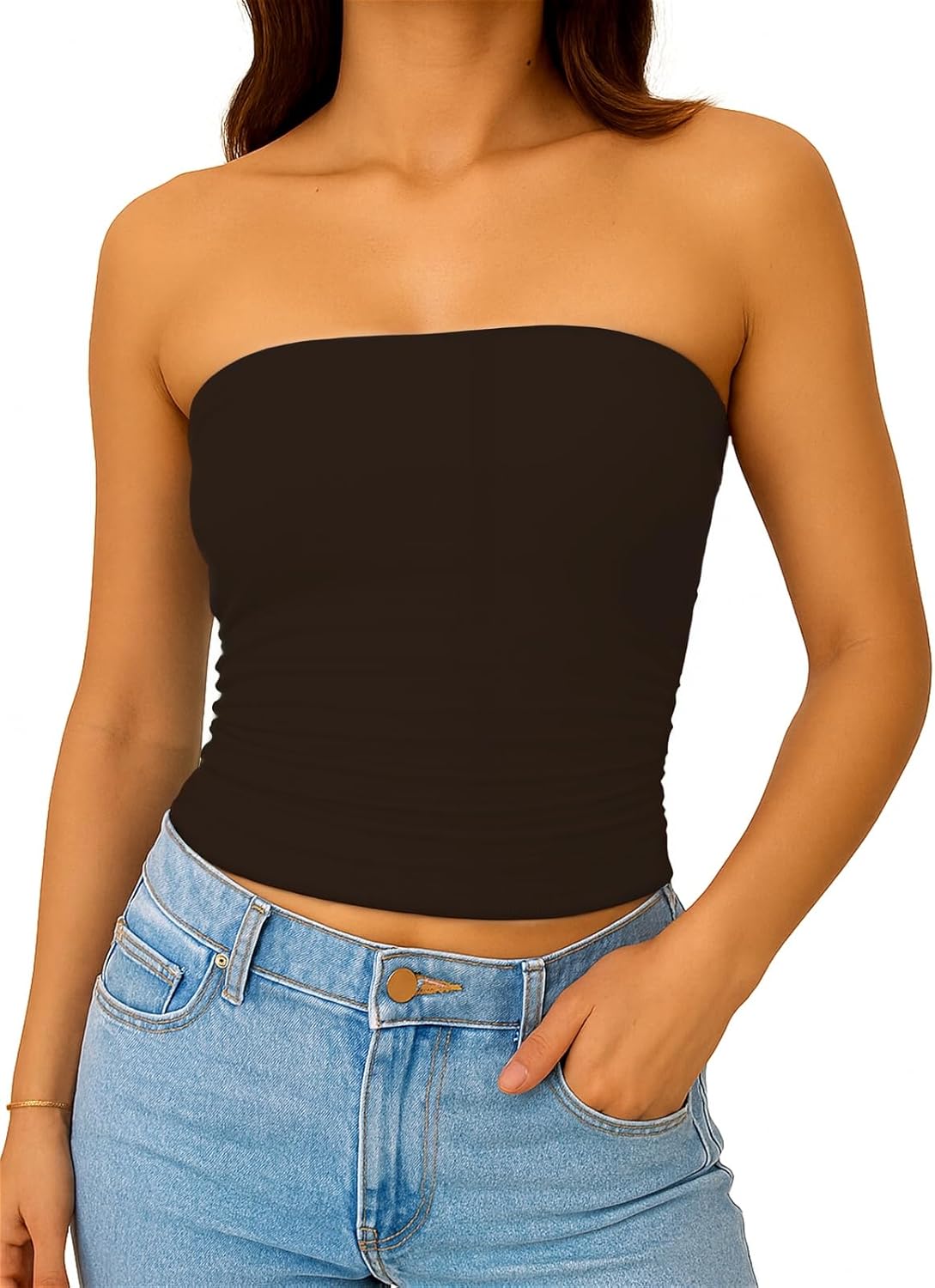 ForeFair Women Strapless Tube Tops Double Lined Ruched Backless Bandeau Going Out Top Basic Tank Tops - Image 5