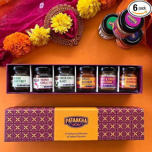 Pataakha Mini Tasting Box of 6 mini jars Net Wt 35 gm each for Gifting,Foodies, Diwali,Travel, Sample Variety hamper(Schezwan Dhamaka,Chilli Oil,Mustard,Chilli Ketchup,Green Chilli Blast,Kairi Chutney) Assorted