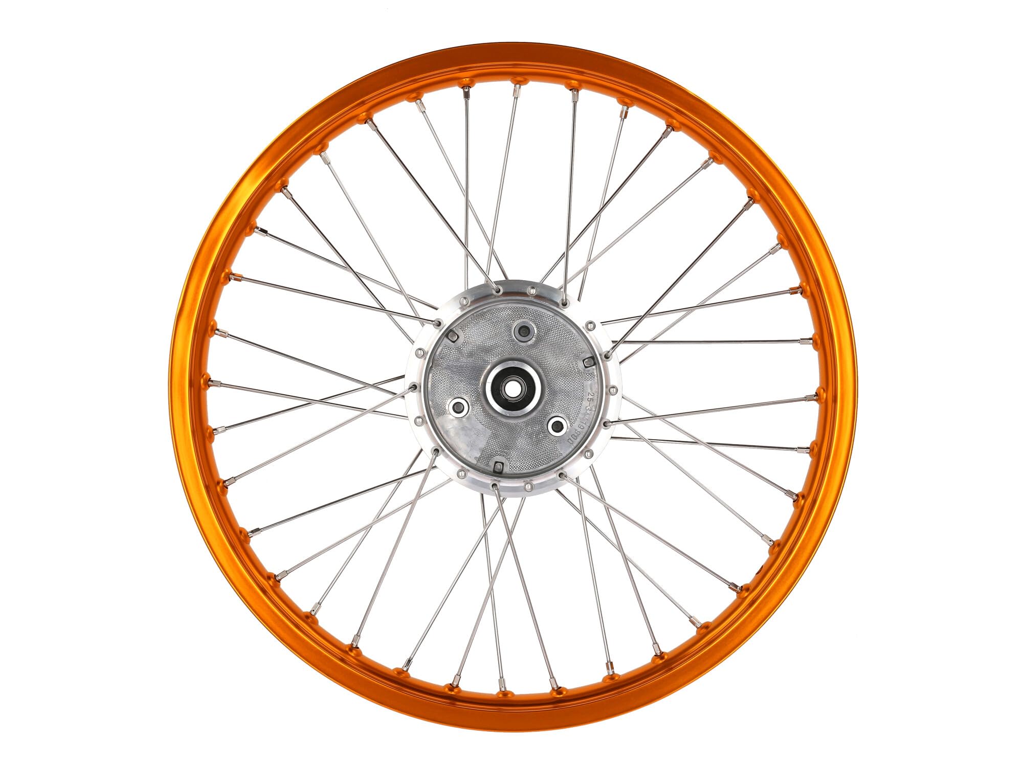 Rueda de radios 1,6 x 19" con llanta de aluminio anodizado en naranja, radios de acero inoxidable - Simson S53OR, S83OR